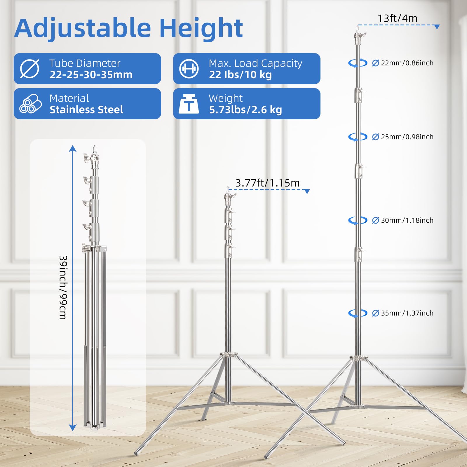Gltire Stainless Steel Photography Light Stand 13Ft / 4M, Spring Cushioned Heavy Duty Tripod Stand With 1/4”To 3/8”Screw Adapter For Strobe, Led Video Light, Ring Light, Monolight, Softbox