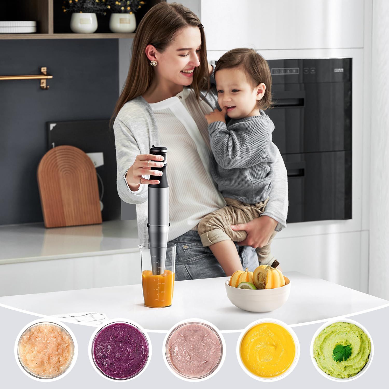 Uniqus 5 In 1 Immersion Hand Blender Trigger Control Grip Stick Mixer For Kitchen Soup With Chopper, Whisk And Frother Kitchen Blenders