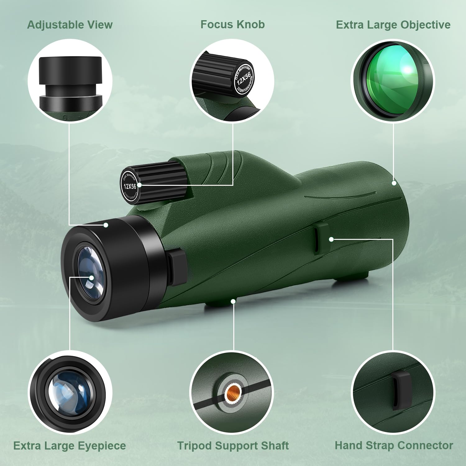 Oxk Optics 12X56 High Power Monocular Telescope With Smartphone Adapter Tripod Bag, Lightweight Monoculars For Adults With Bak4 Prism & Fmc Lens, Suitable For Bird Watching Camping - Army Green
