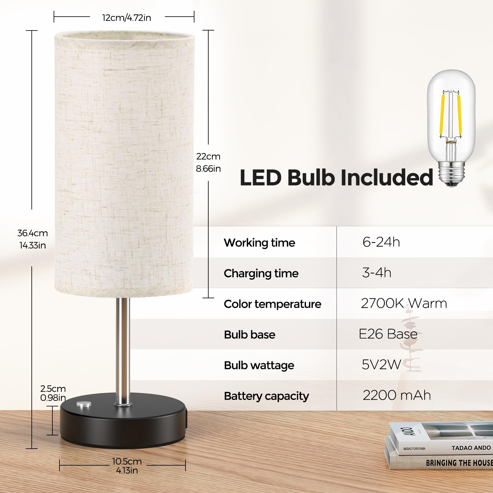 Cnxin Cordless Lamp Rechargeable 1 Pack, 14.3In Buffet Cordless Table Lamp For Living Room Restaurant, 3 Way Dimmable Touch Control Battery Operated Outdoor Wireless Light For Bedroom Nightstand