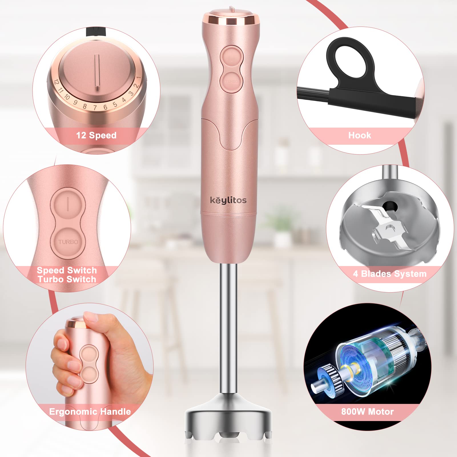 Keylitos 5-In-1 Immersion Hand Blender, Powerful 12-Speed Stick Blender With 304 Stainless Steel Blades, Chopper, Beaker, Milk Frothing Attachment And Egg Whisk, Golden Pink
