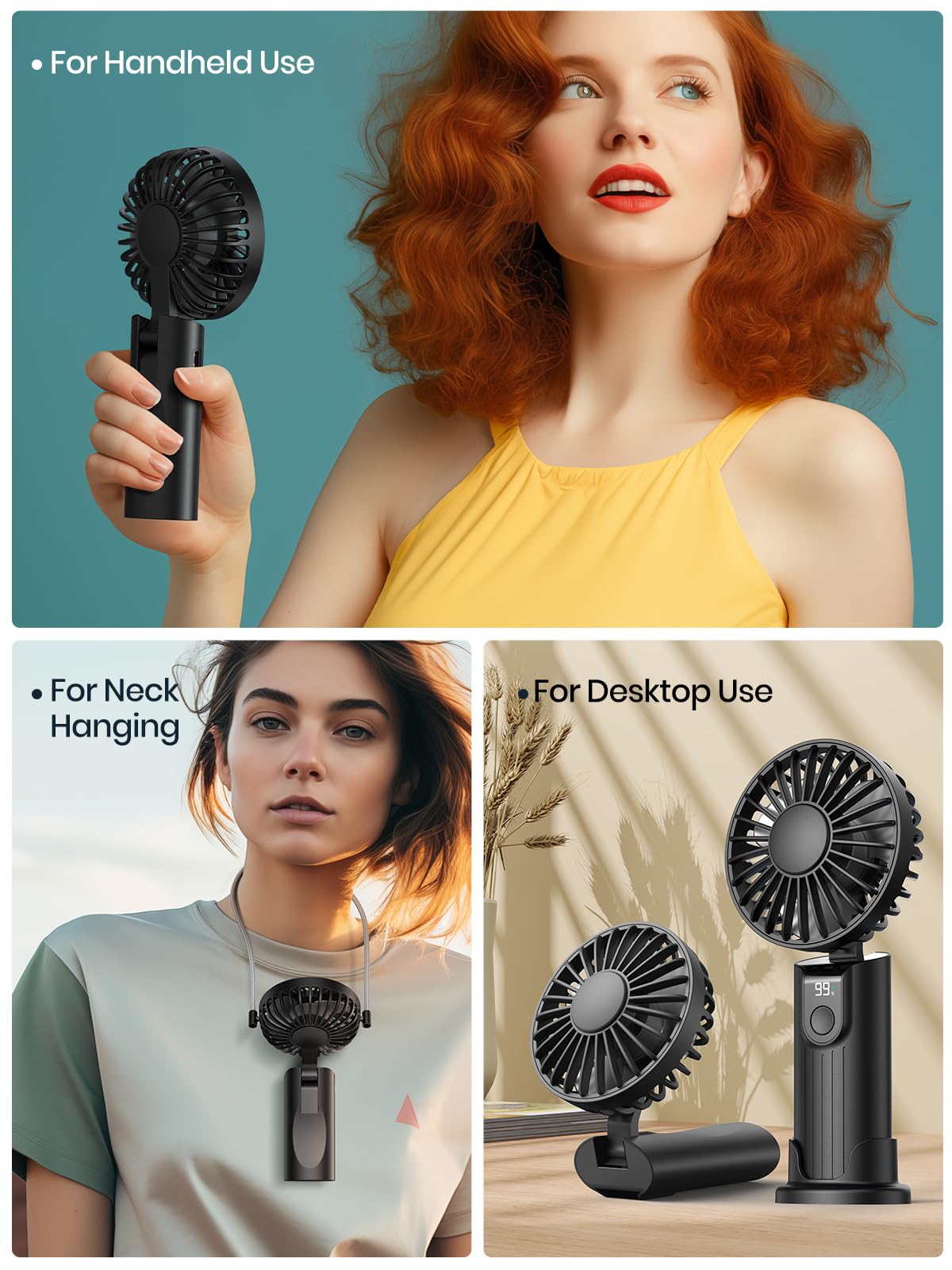 Portable Handheld Fan, 5000Mah Battery Operated Fan With Led Display, Hand Held/Neck/Desk 3 In 1