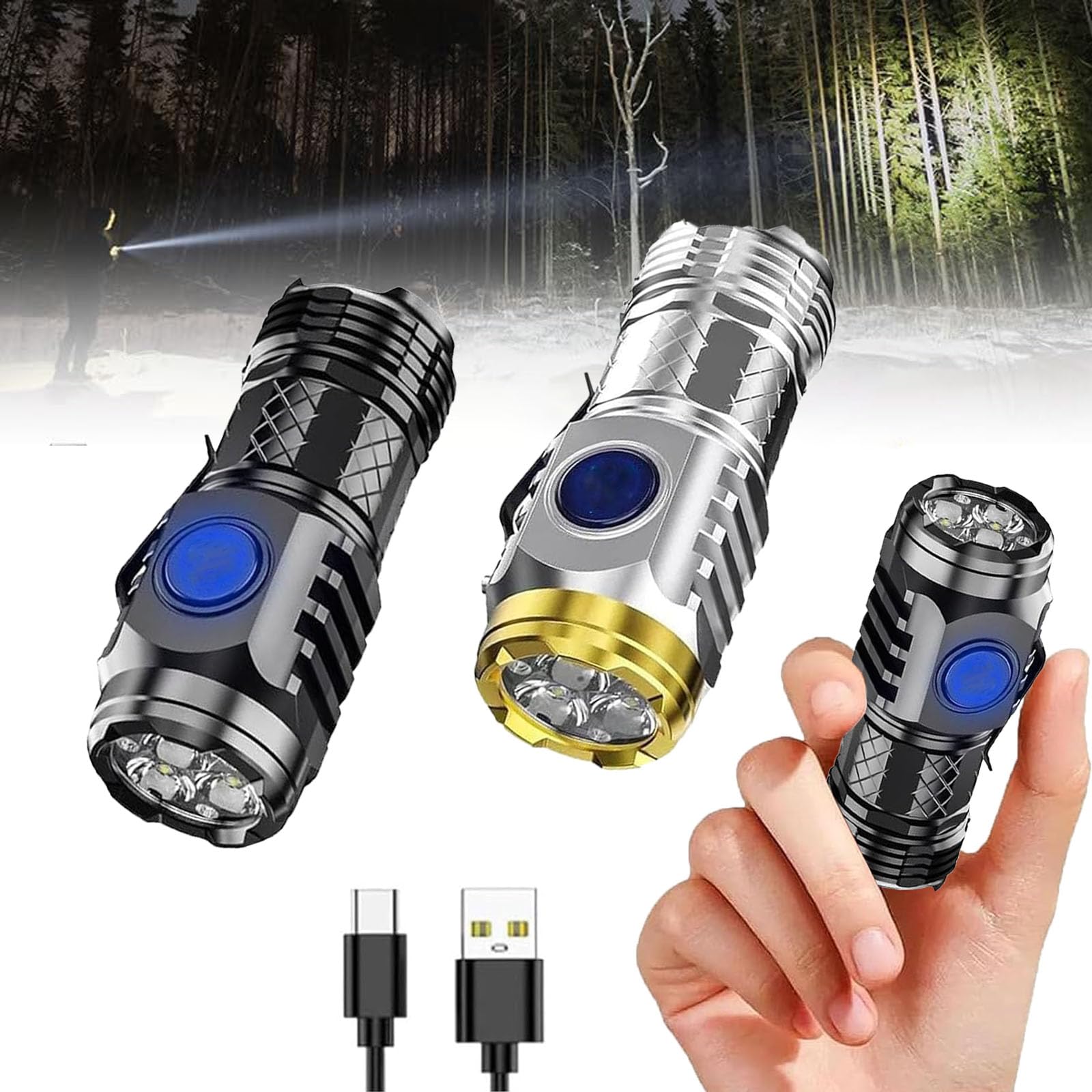 Eisnzlan 2Pcs German Three-Eyed Monster Mini Flash Super Power Flashlight, 3 Eyed Monster Flashlight,Thumb Flashlight Mini Flashlights, Pocket Flashlight, Portable Mini Torch, Led Flashlight（Black+Silver）
