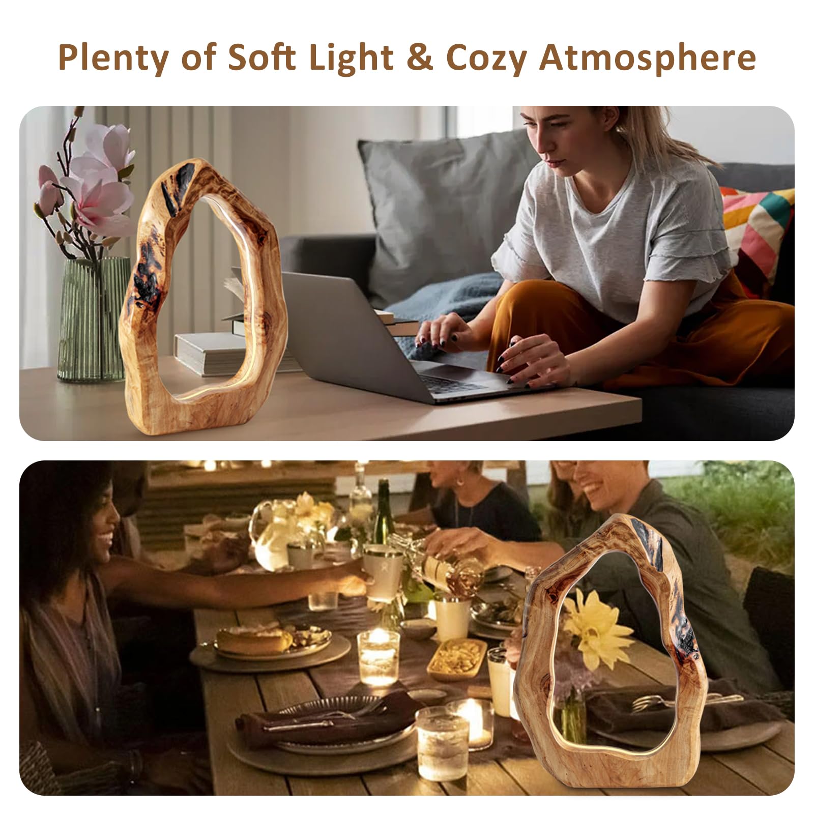 Laptain Led Wood Table Lamp, Irregular Bedside Lamp With Dimmable, Creative Home Decor Table Lamp, Bedside Night Light For Bedroom, Living Room, Small