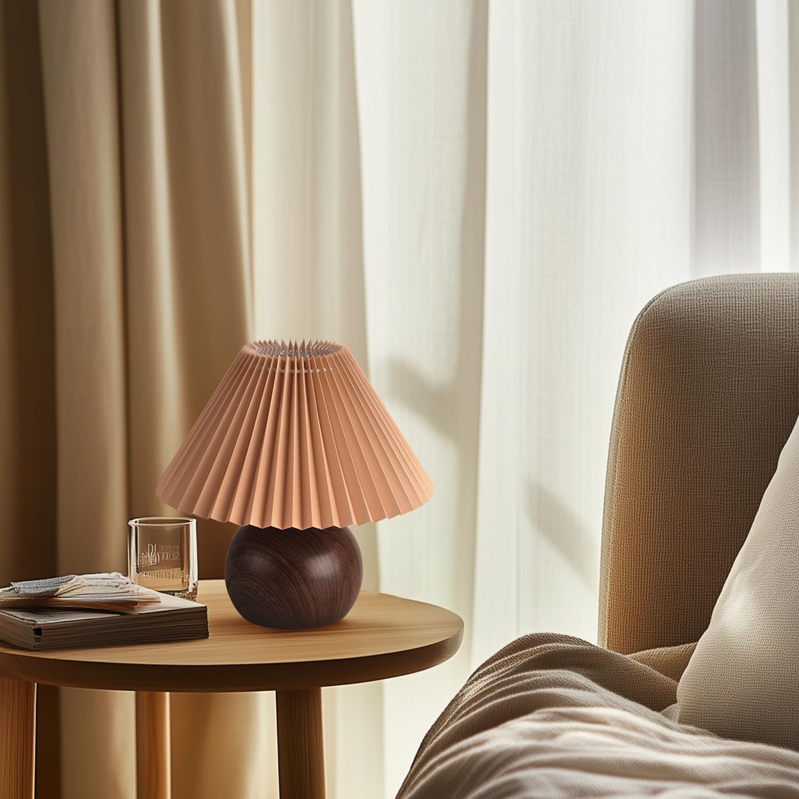 Kunjoulam Retro Pleated Table Lamp, Modern Bedside Nightstand Lamp With Brown Shade, 5.9” Metal Base For Bedroom, Home Office, Living Room, Kids Dorm Without Bulb