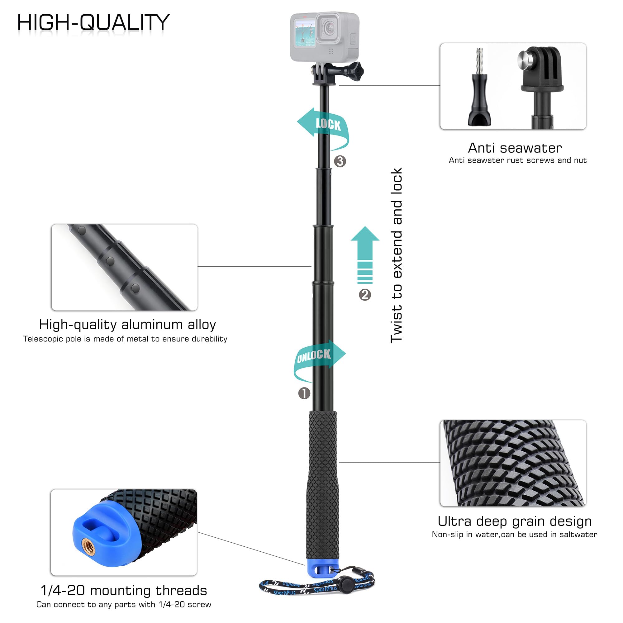 Gepuly 46''Alumium Waterproof Selfie Stick With 1/4 Thread Hole Underwater Pole Handle Grip Monopod For Gopro Hero 13 12 11 Max Insta360 Akaso Dji Osmo Action Cameras Accessories
