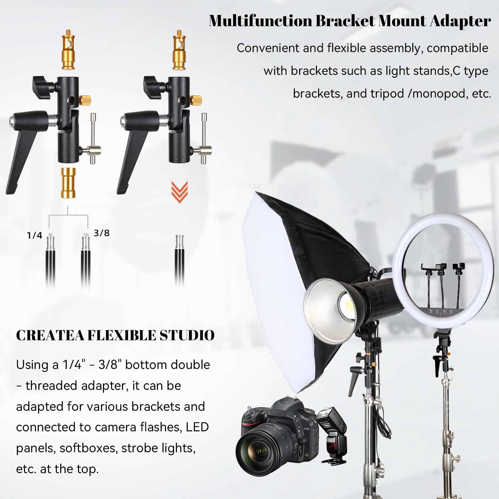 Konseen Camera Flash Shoe Bracket H Type Mounts With Multi Functional Umbrella Reflector Insert Hole Holder,180° Adjustable Light Stand Mount Adapter With 1/4" & 3/8" Female Screw For Photography Studio