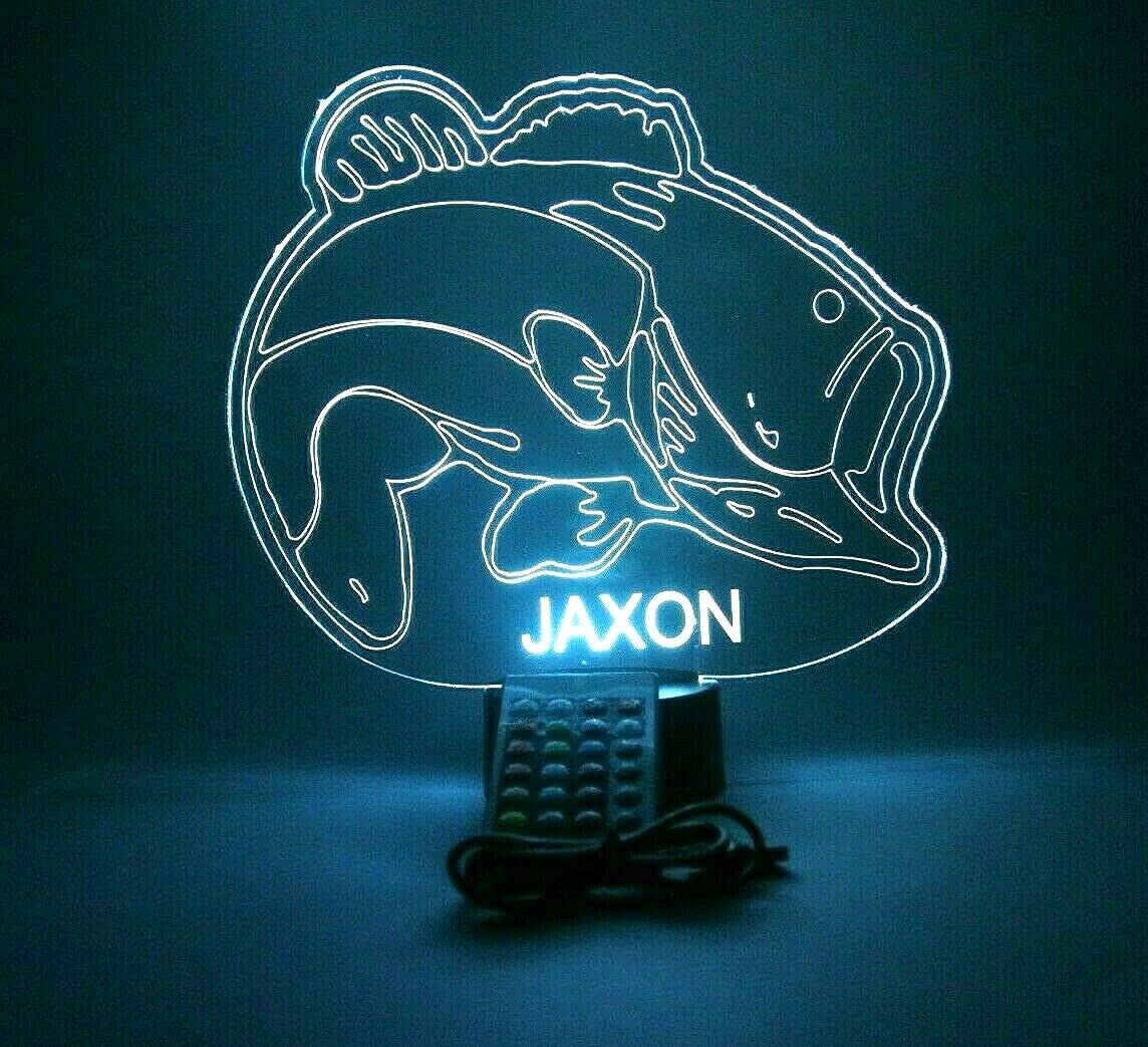 Mirror Mania Fish Sea Bass Gone Fishing Fisherman Night Light Up Lamp Led Personalized Engraved Desk Table Lamp, It'S Wow, With Remote, 16 Color Options, Dimmer, Engraved, Great