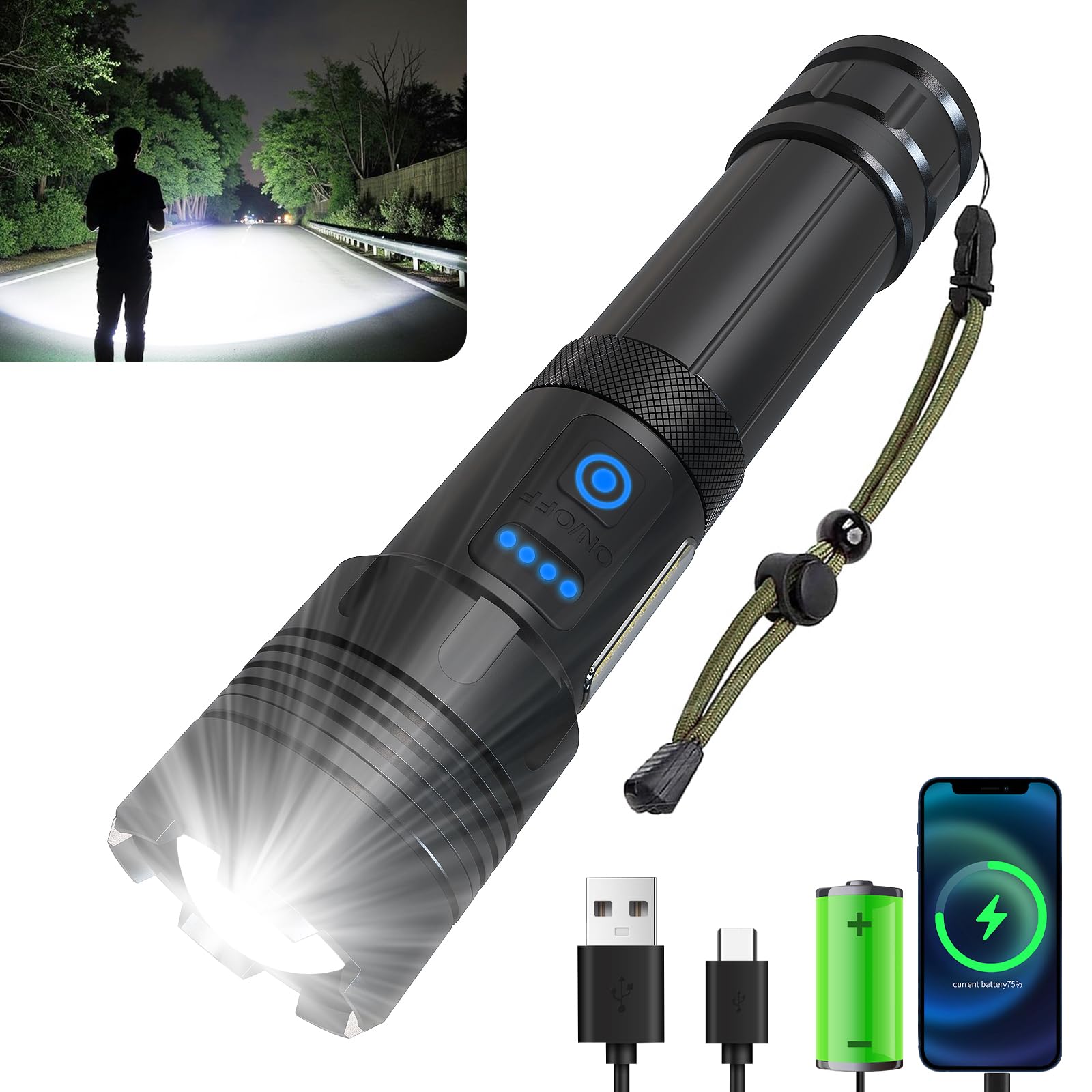 Abcismo Rechargeable Flashlights High Lumens, Aluminum Alloy Utility Flashlight, Brightest Flashlight Waterproof, Handheld Flash Light For Emergencies, Hiking, Camping,7 Modes Led Flashlight Adjustable