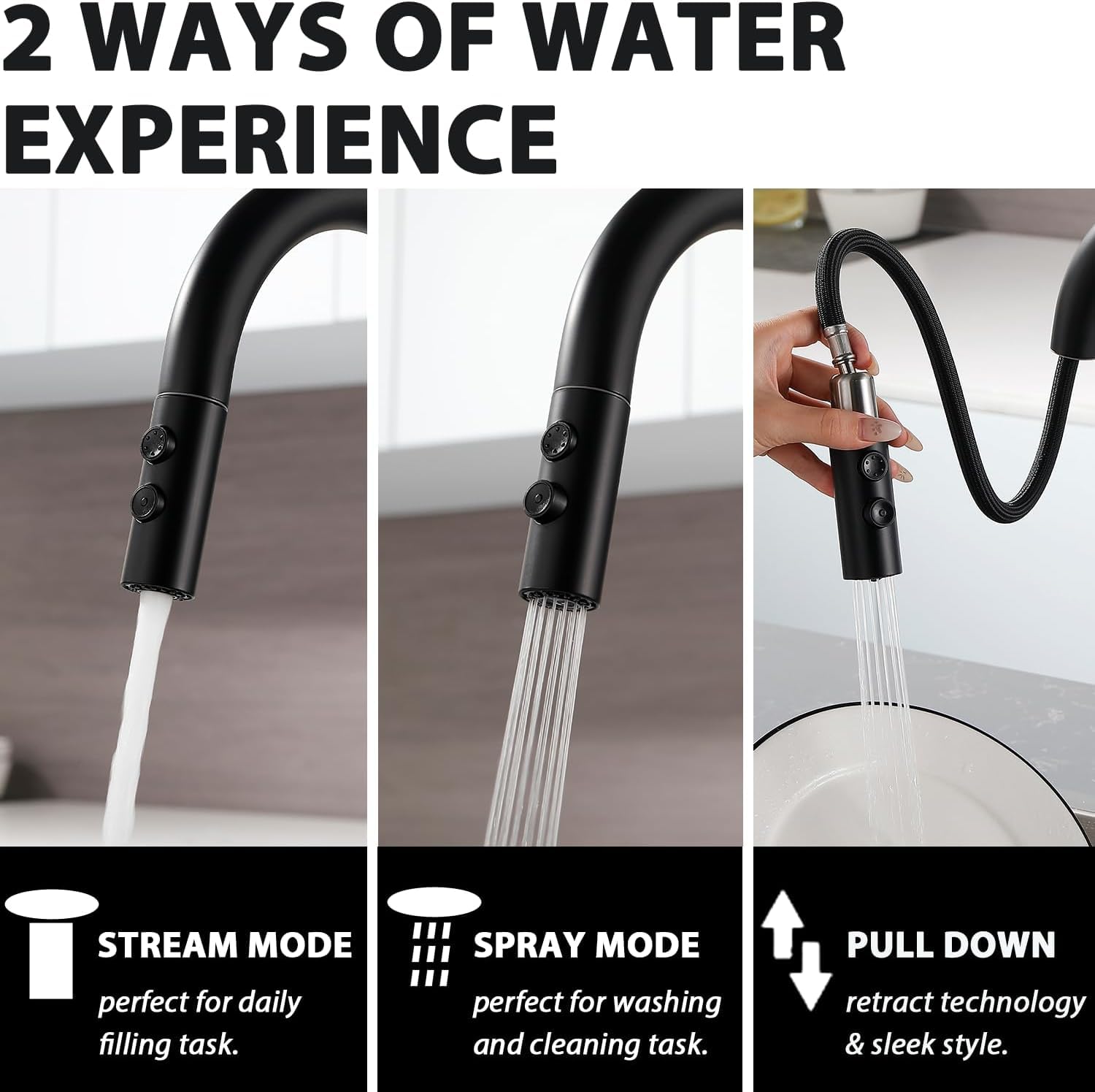 Rainmax Black Kitchen Faucet With Pull Down Sprayer,High Arc Single Handle Stainless Steel Sink Faucet,Suitable For Farmhouse Camper Laundry Rv Bar Kitchen Faucets For 1 Or 3 Hole Kmf008B-3