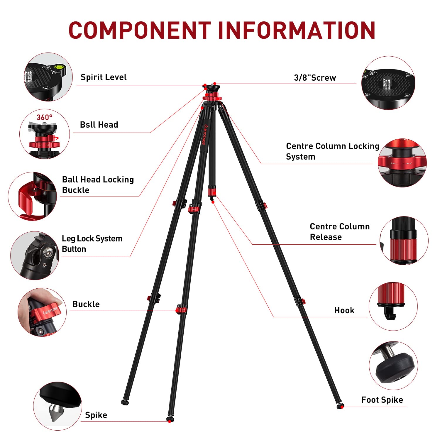 Ifootage Camera Tripod Professional Standard,Heavy Duty,Flexible Stable 360° Ball Head,Centre Column Release For Low Position,Max Payload 6Kg,65"/165Cm Ta6S