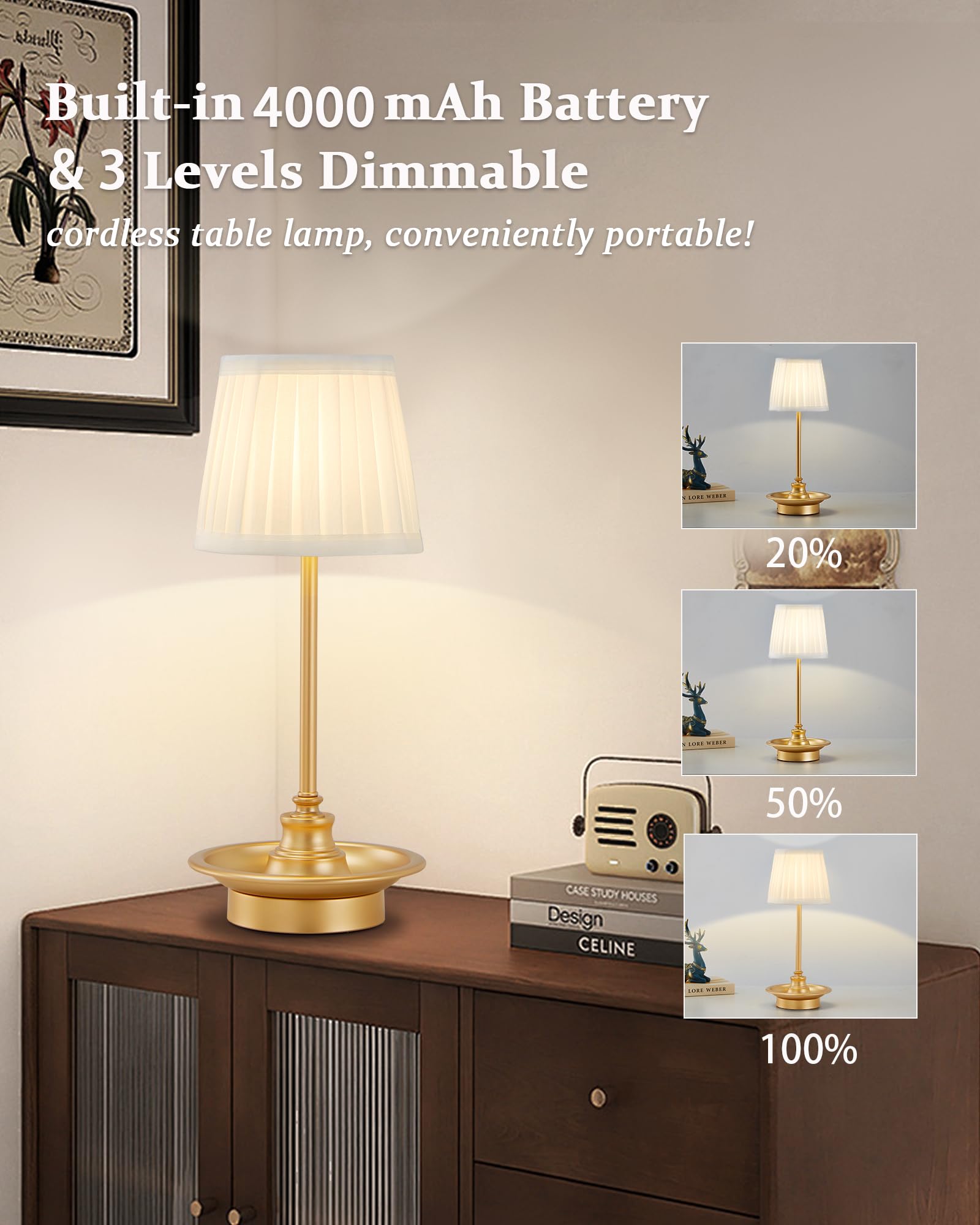 Gyrovu Cordless Table Lamp Rechargeable, Battery Operated Led Table Lamps, Portable Touch Wireless Lamp, 3-Level Brightness Small Bedside Table Lamp Bedroom Ambient Lamp For Restaurant (Fabric Shade)