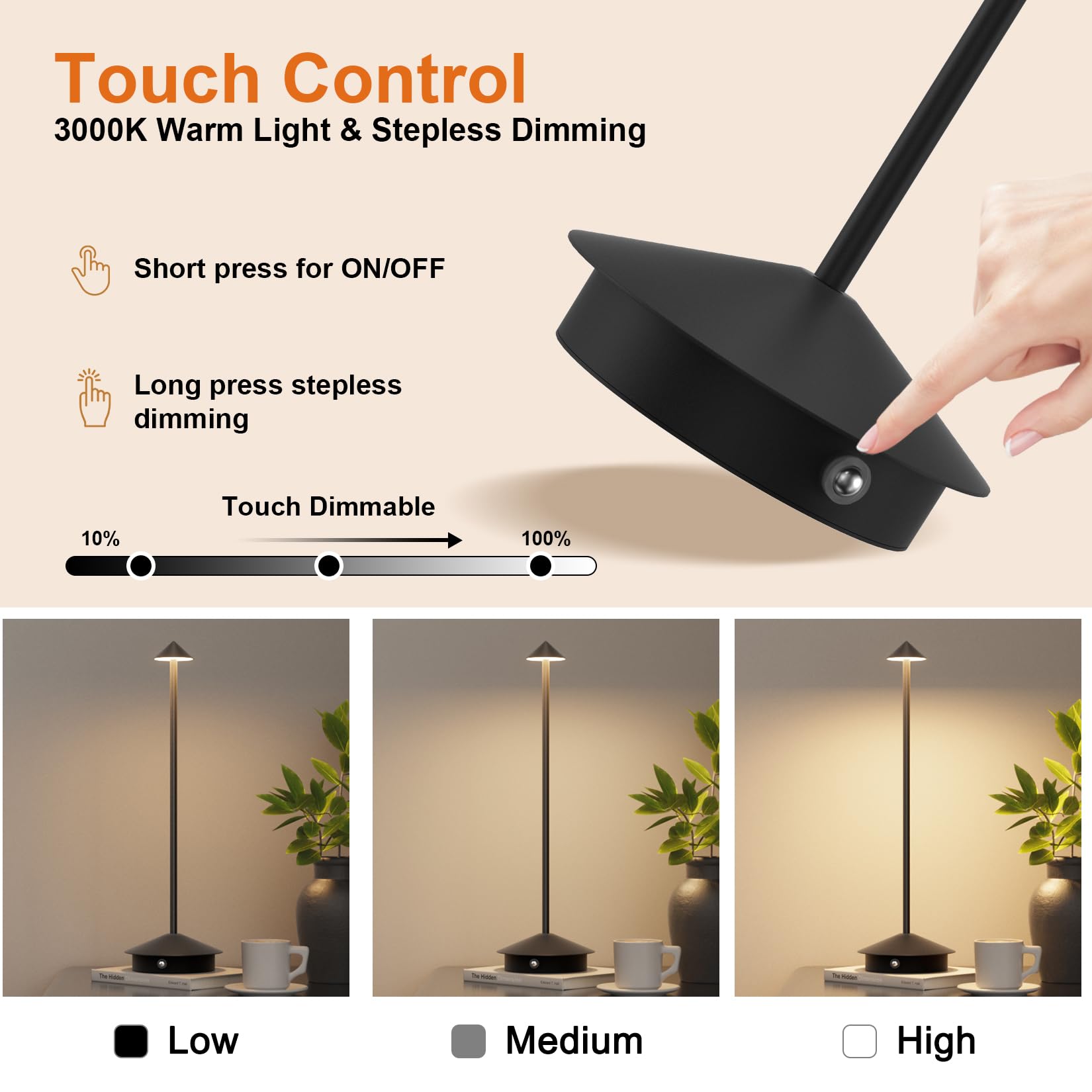 Aoceley 2-Pack 6000Mah Rechargeable Led Table Lamp,Outdoor Cordless Table Light Waterproof Portable,3000K Stepless Dimmable Modern Lamp For Restaurant/Bedroom/Outdoor (Black)