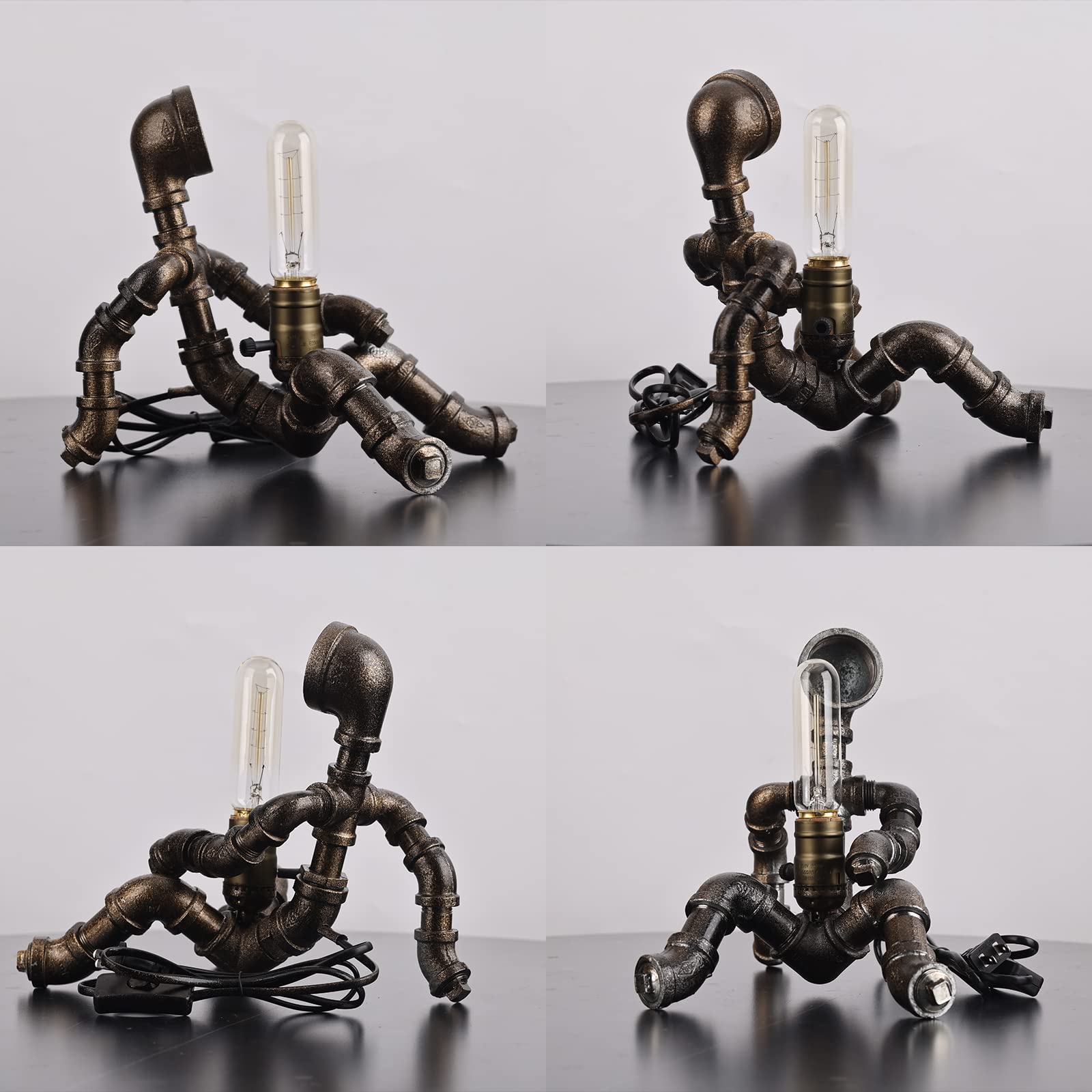 Dovdov Steampunk Table Lamp, Creative Robot Design Industrial Water Pipe Lamp, Retro Decoration Personality Creative Cool Atmosphere Decoration Lovely Lamp (E-Bronze)