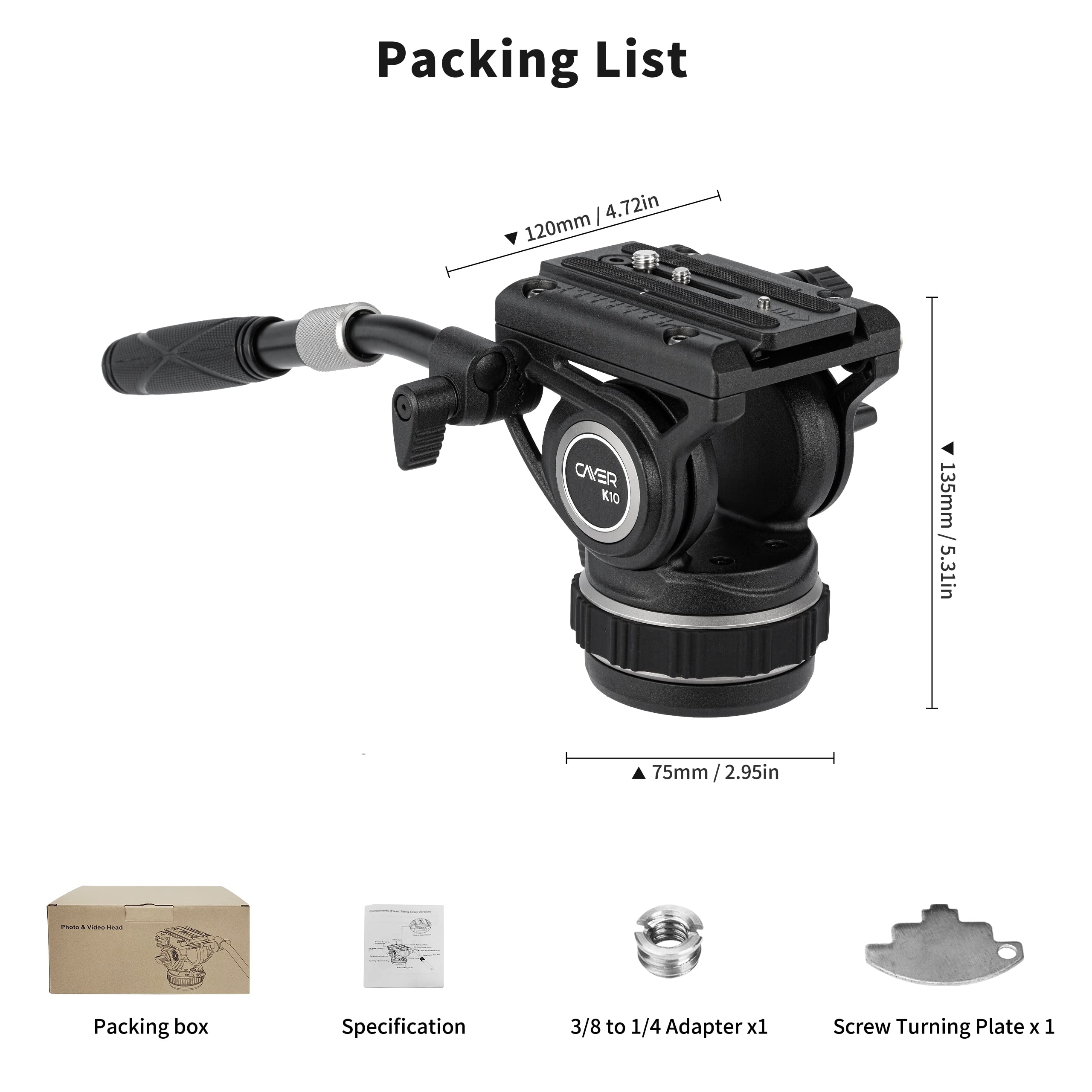Cayer K10 Pro Video Fluid Head With 75Mm Flat Base, Adjustable Pan Drag And Telescopic Handle, Heavy Duty Tripod Fluid Head For For Dslr Cameras, Camcorders, Max Load 22 Lb/10 Kg