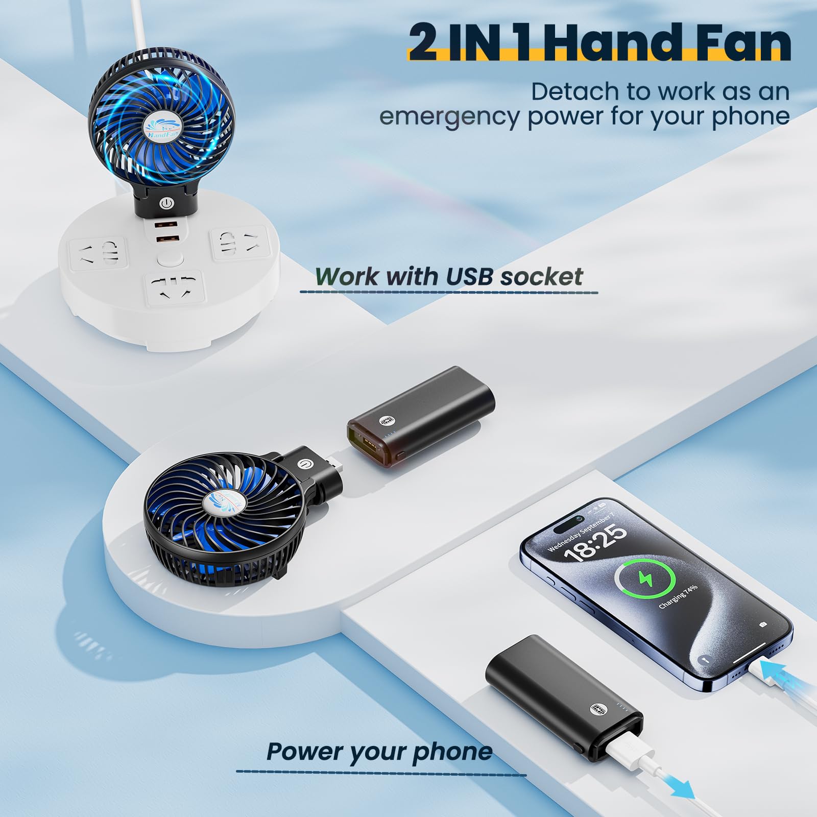 Handfan Portable Fan Handheld With Power Bank, 2 In 1 Hand Held Fan, 5200Mah Rechargeable