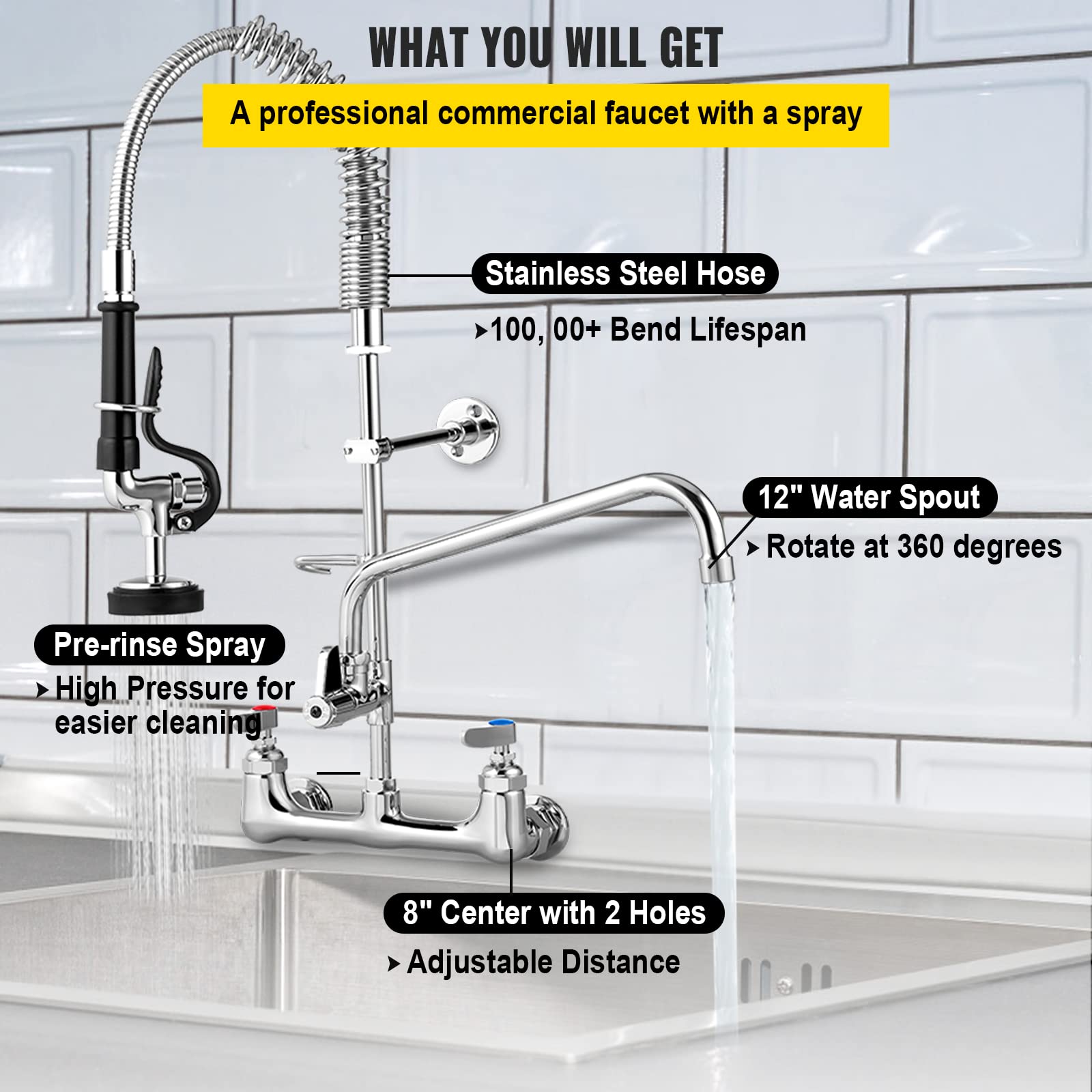 Vevor Commercial Faucet With Pre-Rinse Sprayer, 8" Adjustable Center Wall Mount Kitchen Faucet With 12" Swivel Spout, 25" Height Compartment Sink Faucet For Industrial Restaurant, Lead- Brass