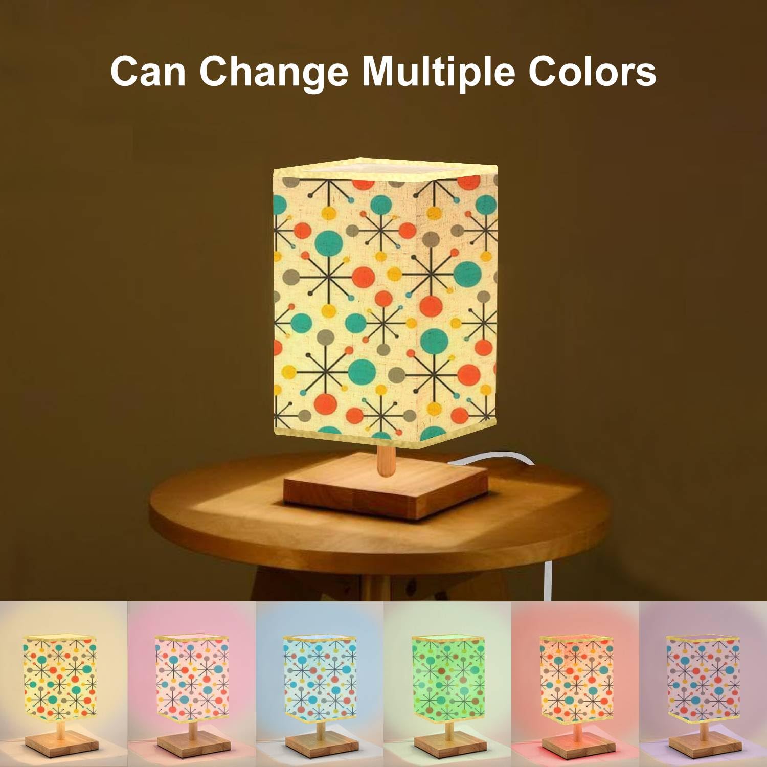Svjklajfpi Square Bedside Table Lamp Mid Century Fifties Modern Atomic Retro Colors Seamless Wooden Base Fabric Shade Dimmable Nightstand Desk Lamp Living Room