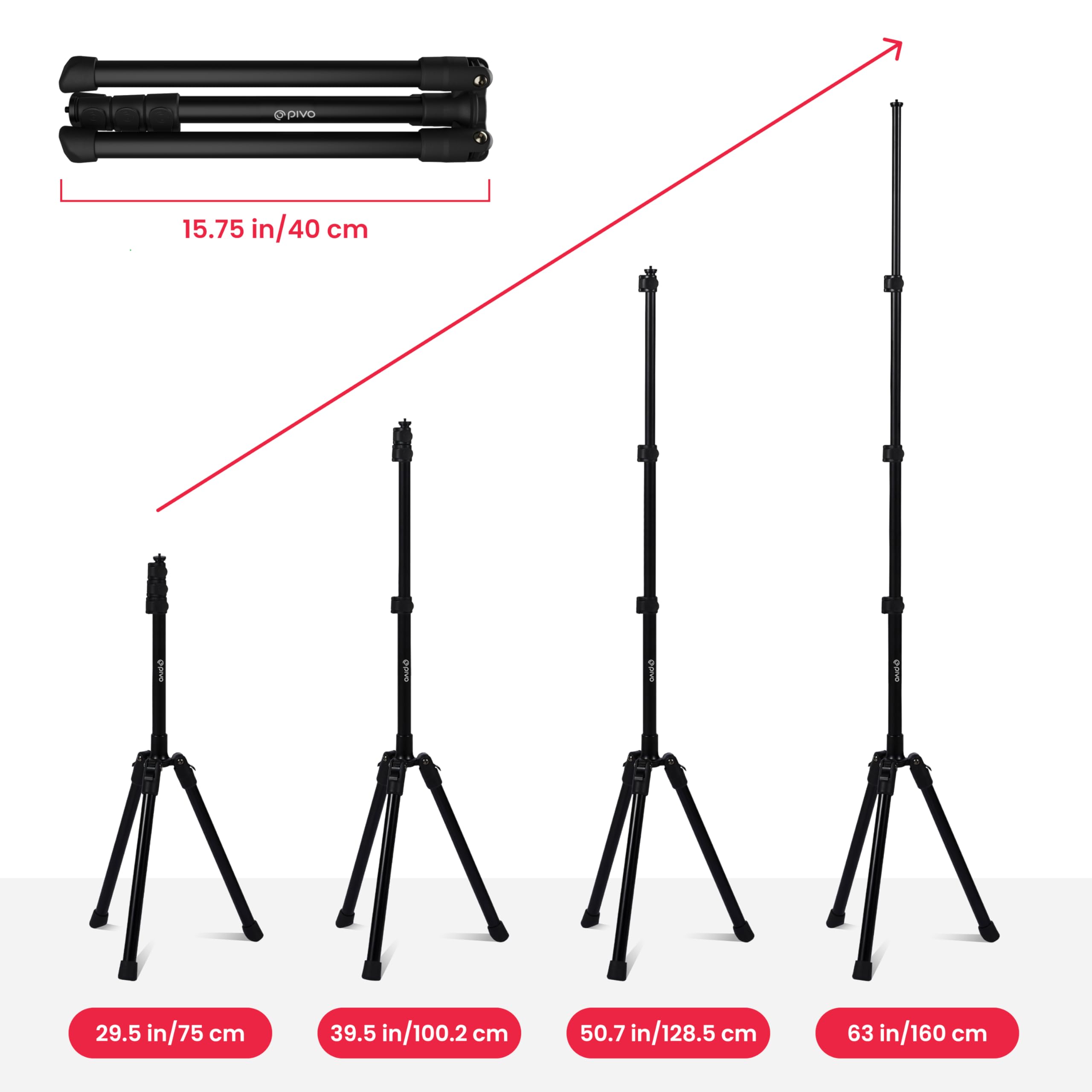 Pivo 63" Extendable Cell Phone & Camera Tripod With Sturdy, Lightweight, Portable, Foldable Stand For Video Recording With Universal 1/4"" Thread For Dslr, Smartphone, Action Camera & Pods