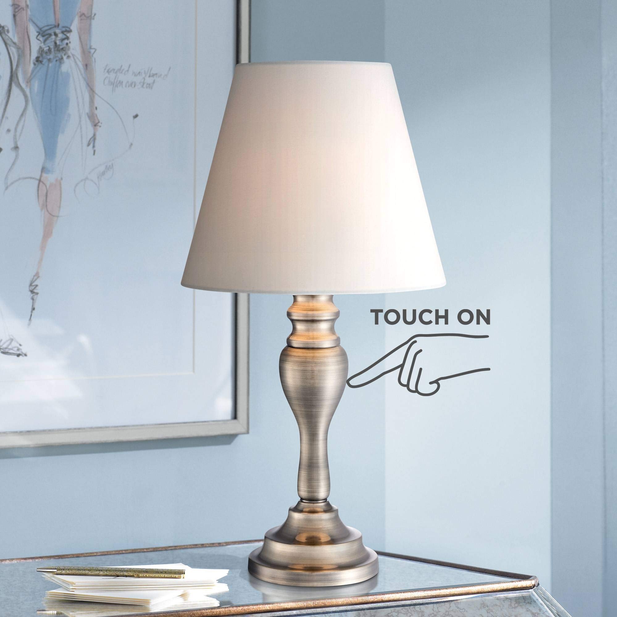 Regency Hill Thom Traditional Candlestick Accent Table Lamp 19 1/4" High Brass Gold Metal White Bell Shade Touch On Off For Living Room Bedroom House Bedside Nightstand Home Office Family