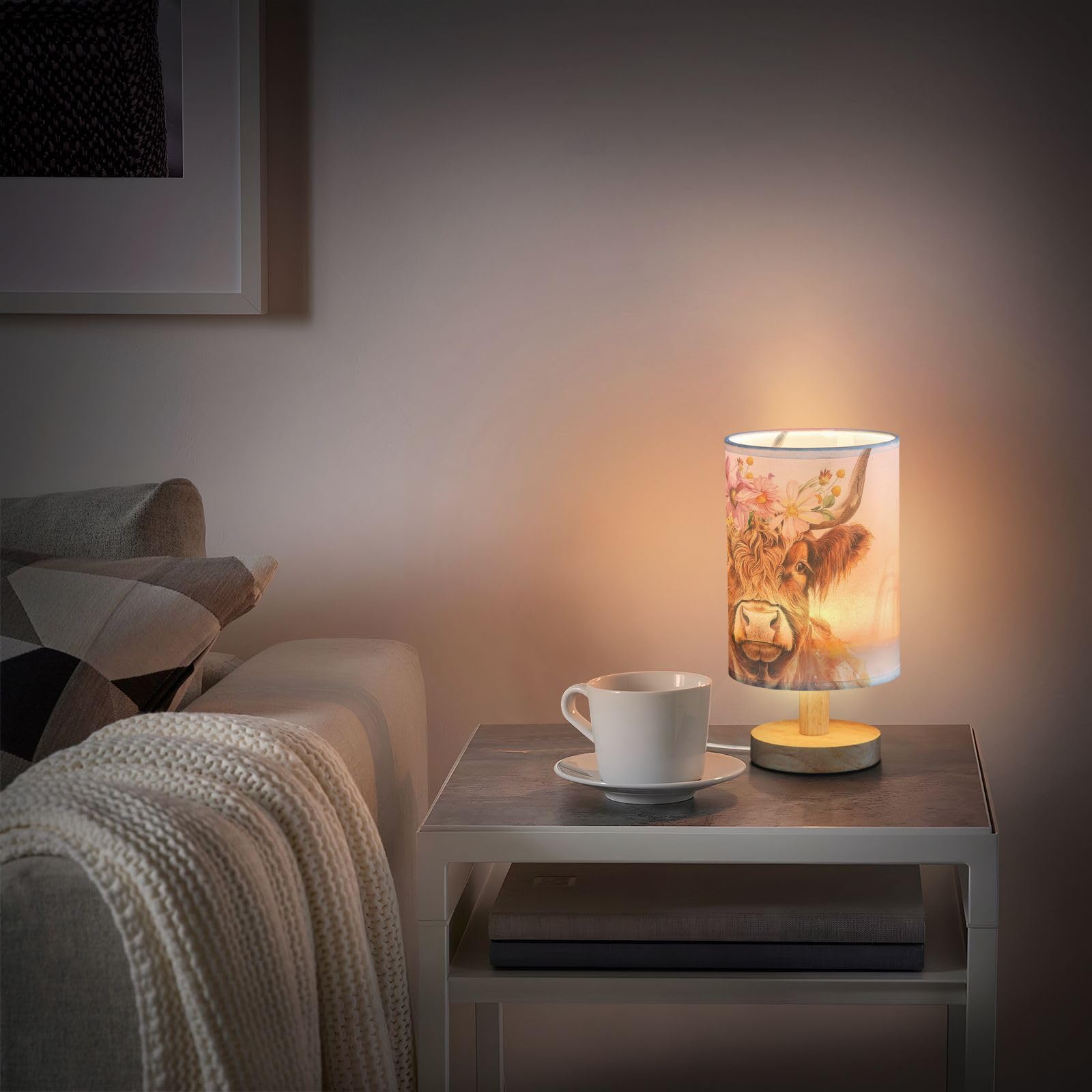Oarencol Bedside Table Lamp Cute Highland Cow Flowers Nightstand Lamp With Wood Desk Lamps For Bedroom Living Room Nursery Office Home Decor