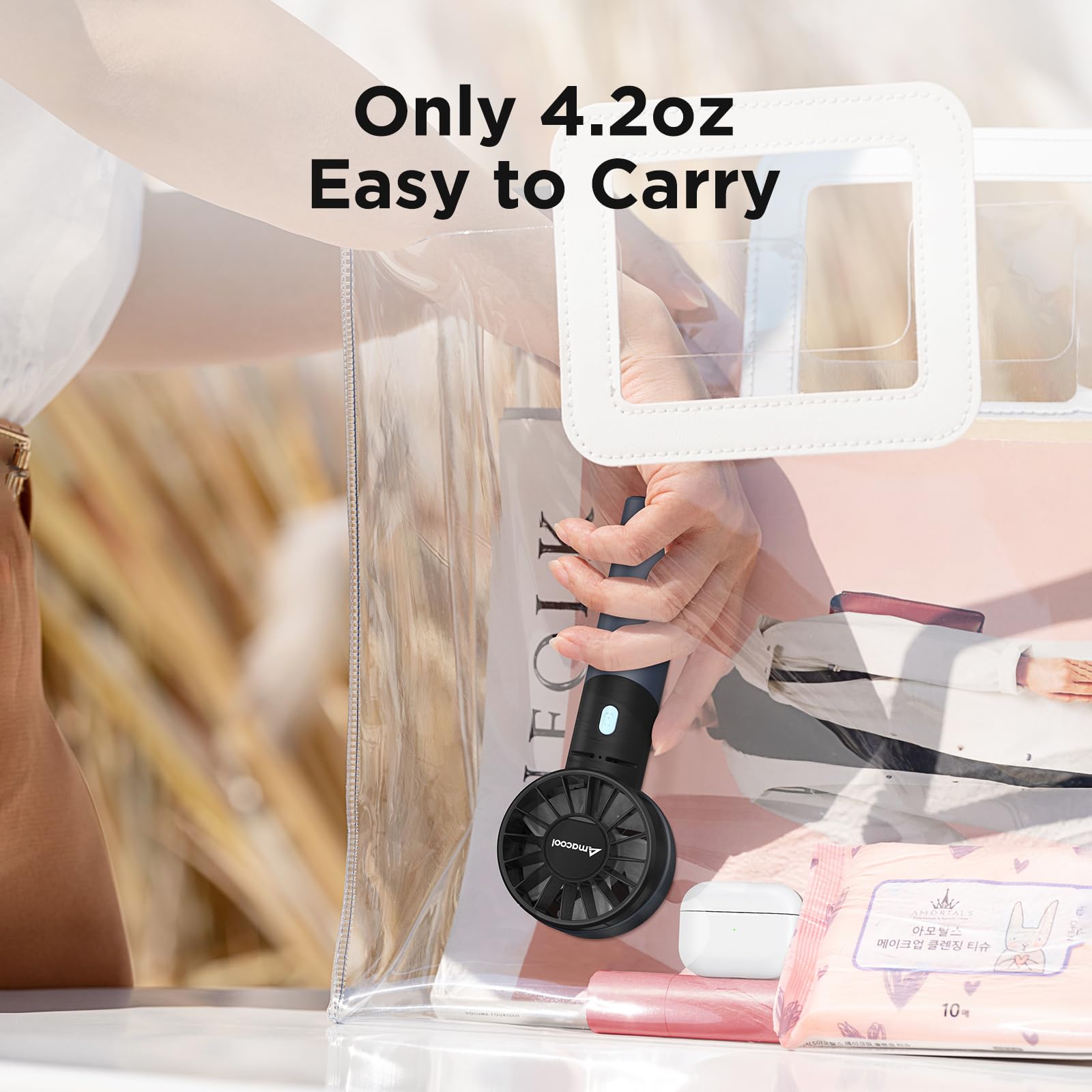 Rechargeable Amacool turbo fan, 4 speeds, 17-hour battery life, ideal for summer travel and outdoor use