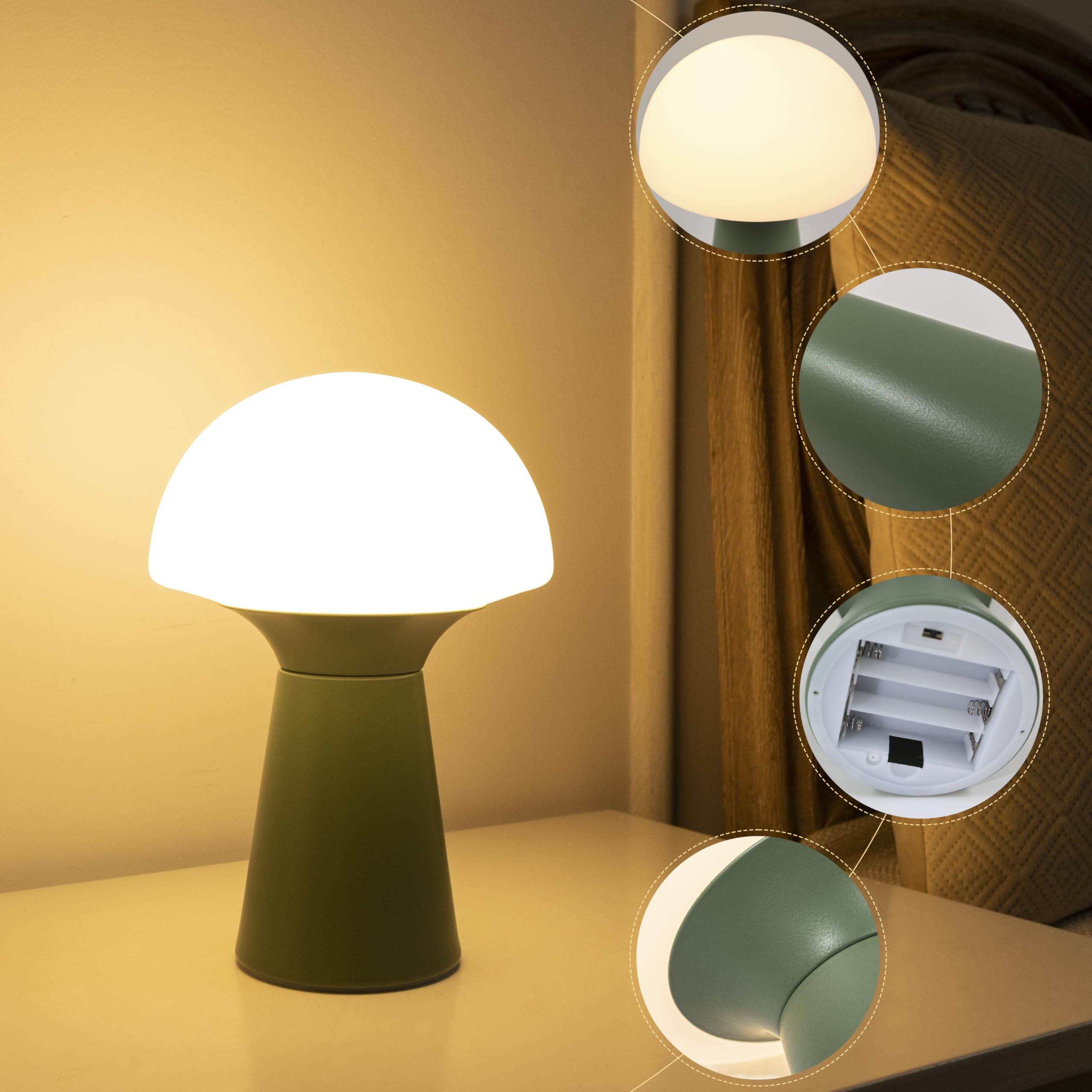 Lusharbor Mushroom Table Lamp, Battery Operated Lamp With Timer Small Portable Lamp Cordless Battery Powered Bedside Lamp Wireless Table Light For Bedroom Camping Kitchen (Green)