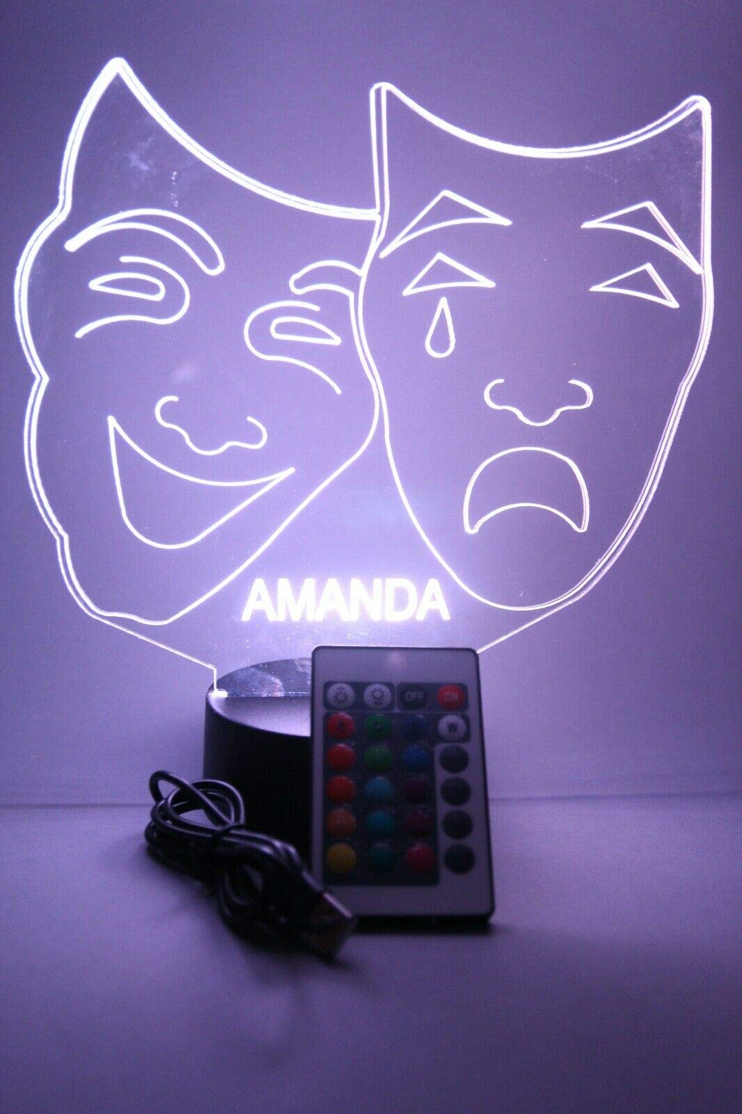 Mirror Mania Comedy Tragedy Theater Masks Light Up Night Light Lamp Led Engraved Custom Name Personalized Table Lamp, With Remote, 16 Different Color Options, Dimmer, It'S Wow, Great