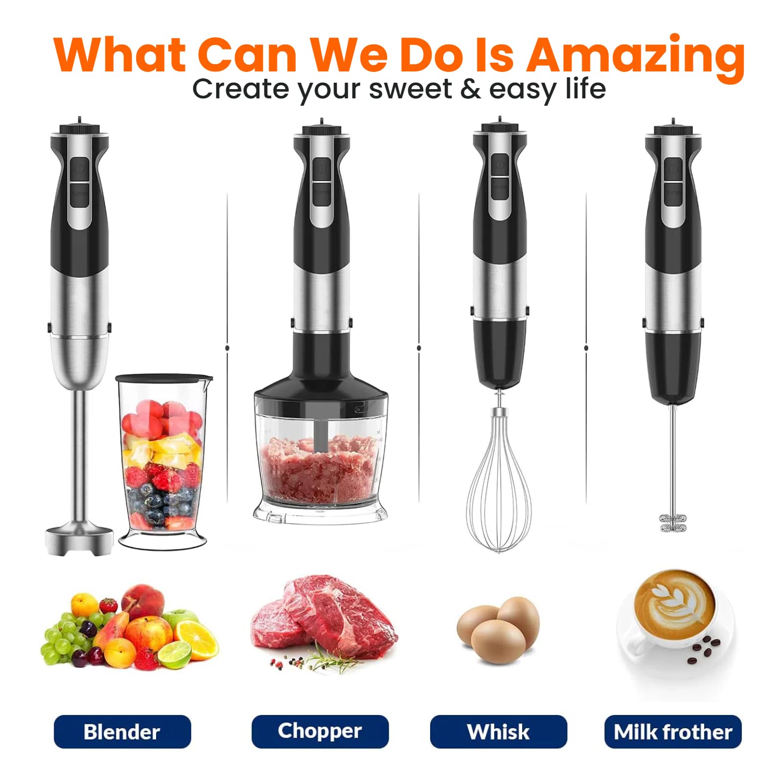 Celenature Immersion Blender Handheld, 1000W 7-In-1 Heavy Duty Motor, 12 Speed & Turbo Mode, Stainless Steel Blades, Includes Whisk, Frother, 800Ml Beaker, 600Ml Chopper For Smoothies, Soup