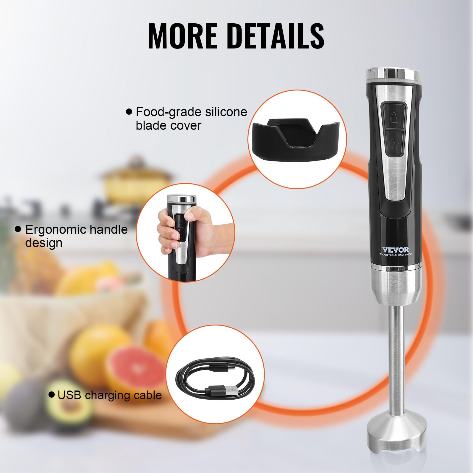 Vevor Hand Blender, 8 Variable Speeds Immersion Blender, Stainless Steel Blade Copper Motor Hand Mixer, Usb Charging Cable Multi-Purpose Easy Control Grip Stick Mixer
