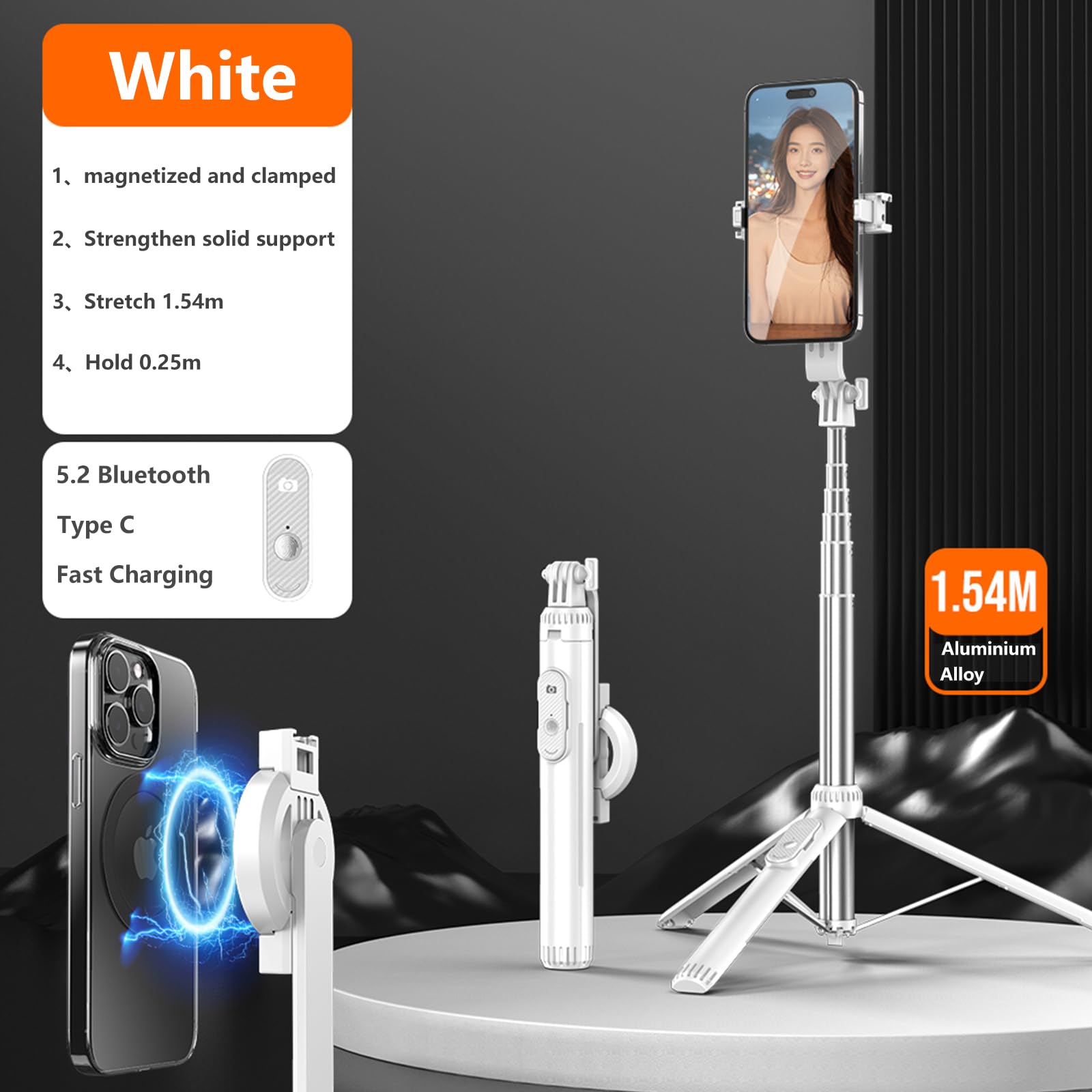 Unillqss 60 Inch Magnetic Selfie Stick Tripod, Adjustable Cell Phone Grip And Portable Stand With Metal Ring And Remote Control For Selfies And Gopro Video Recording White