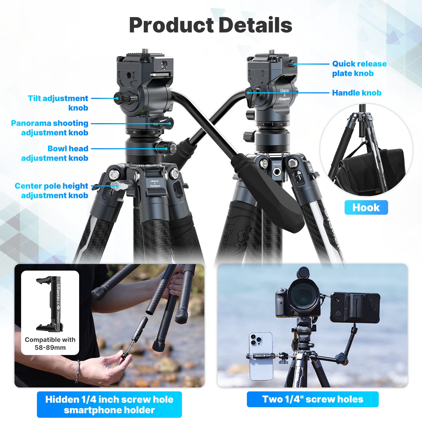 Jusmo Ulanzi F38 Video Travel Tripod, 61.4" Carbon Fiber Tripod W Quick Release Fluid Head, 2.38Lbs Ultra Lightweight Portable Stable Professional Camera Photo Video Tripod, Load Up To 22Lbs, With Bag