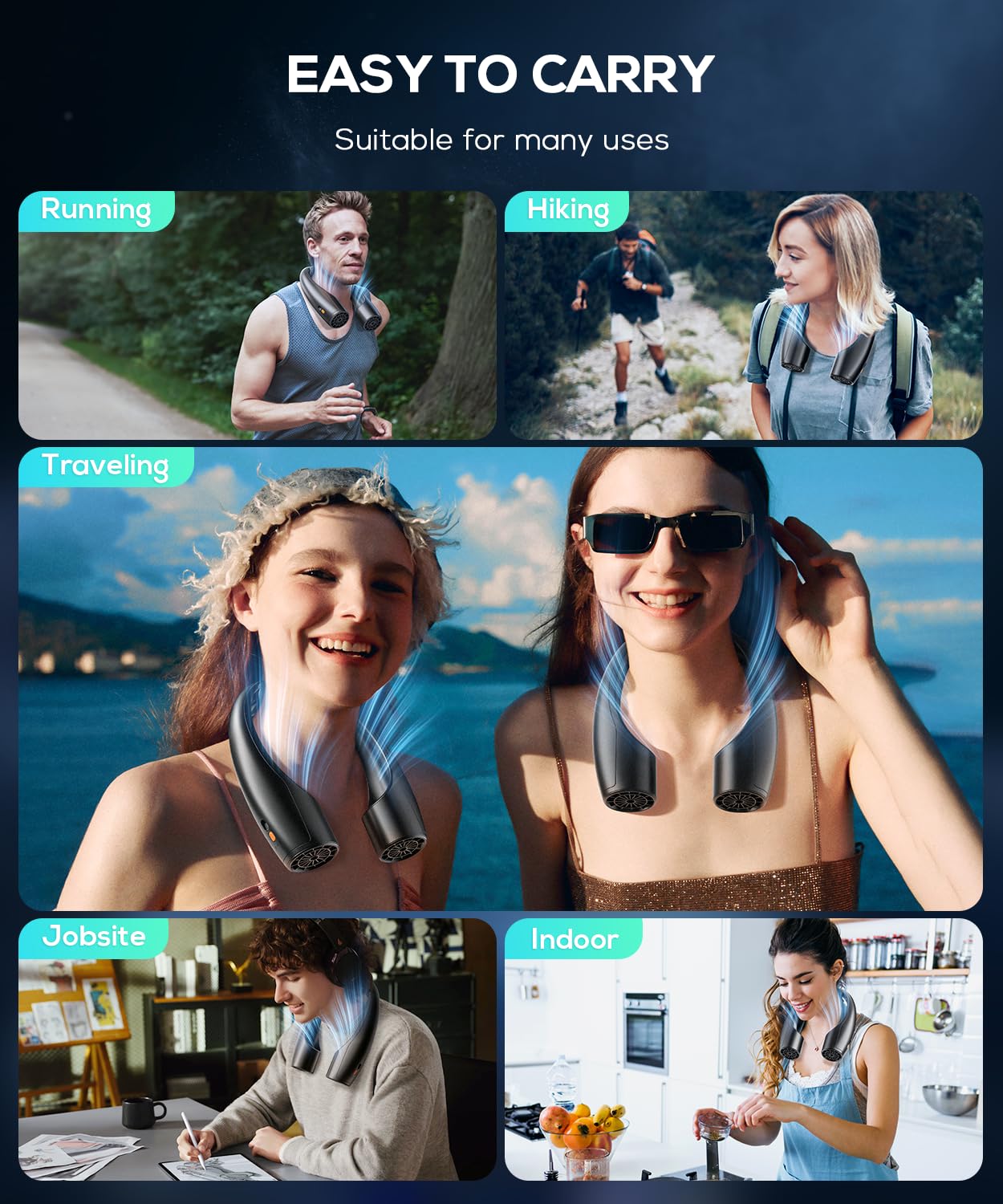Portable Neck Fan 2 Pack, Hands-Free Wearable Personal Fan, 360° Cooling, 4 Speeds, 8000 Mah Battery