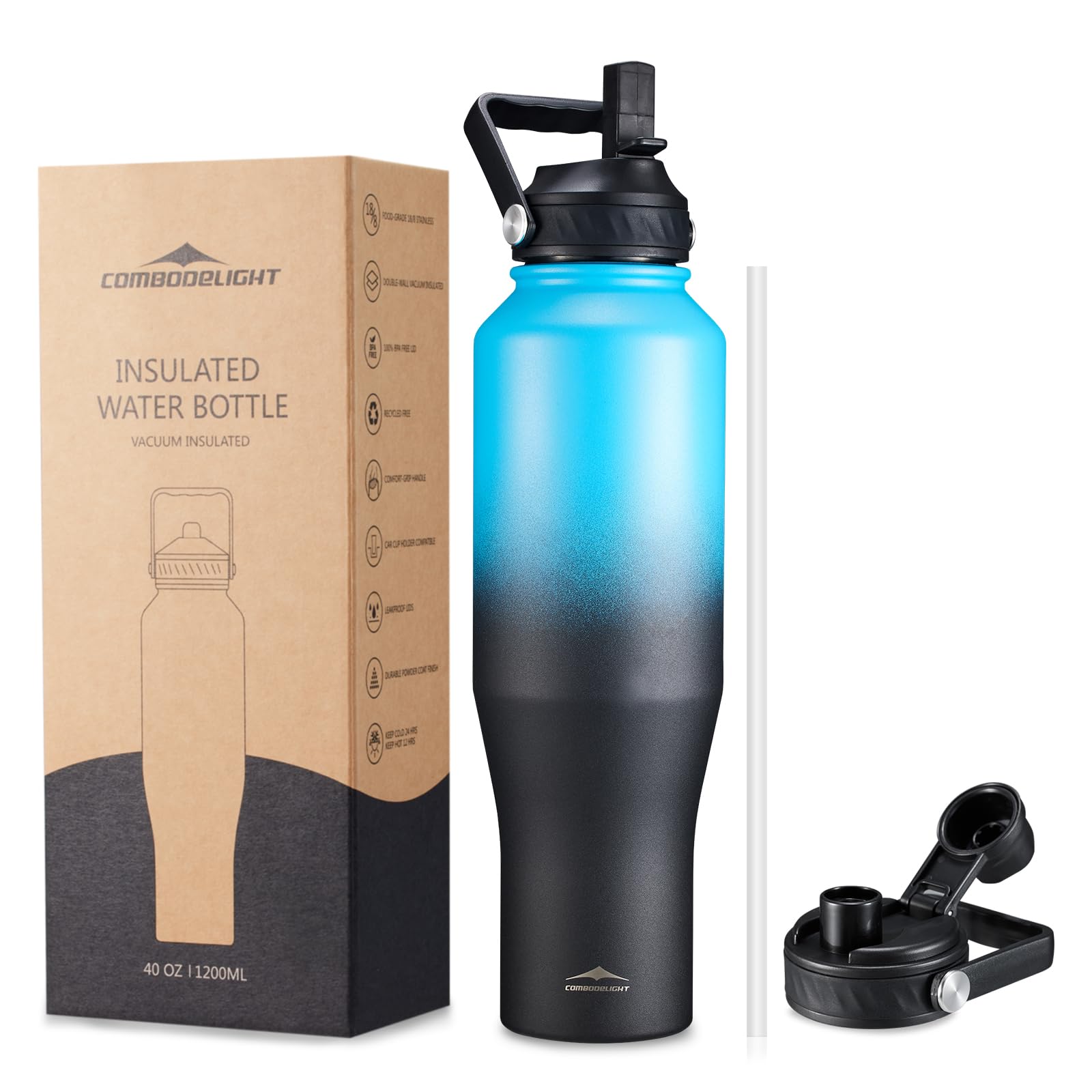 Water Bottle Insulated 40Oz Stainless Steel Tumbler With Straw/Spout Lids, Wide Mouth Double Wall