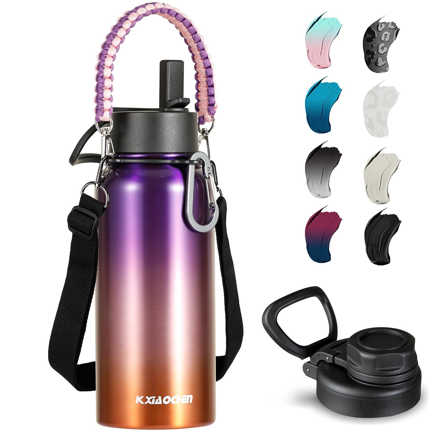 Kxiaochen Insulated Water Bottle, Stainless Steel Water Bottle, 2 Lids (Straw And Handle Lid)