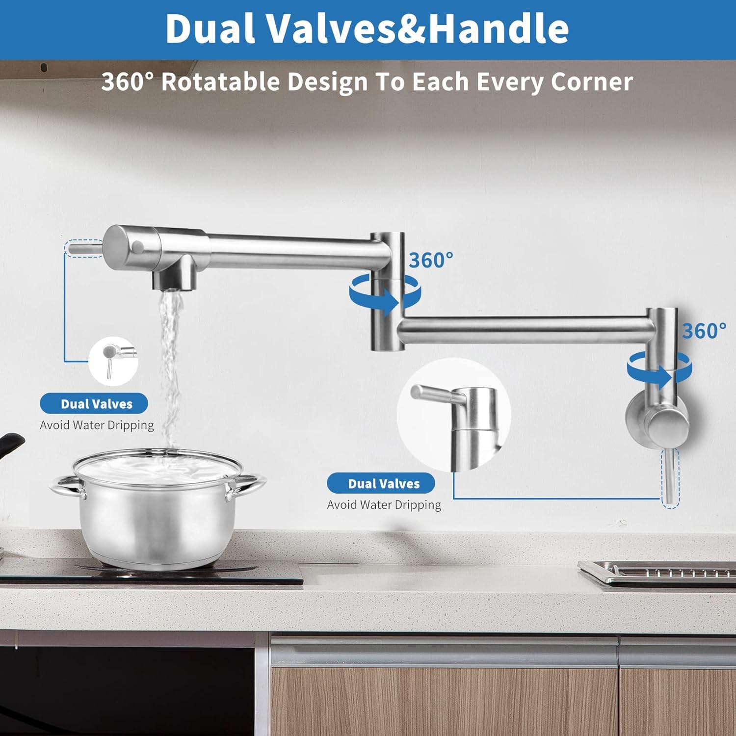 Vaolvpant Pot Filler Faucet Modern Kitchen Sink Faucets Wall Mount Pot Filler Faucets Stainless Steel Folding Stretchable Kitchen Kettle Faucet With Double Joint Swing Arms Brushed Nickel 20In