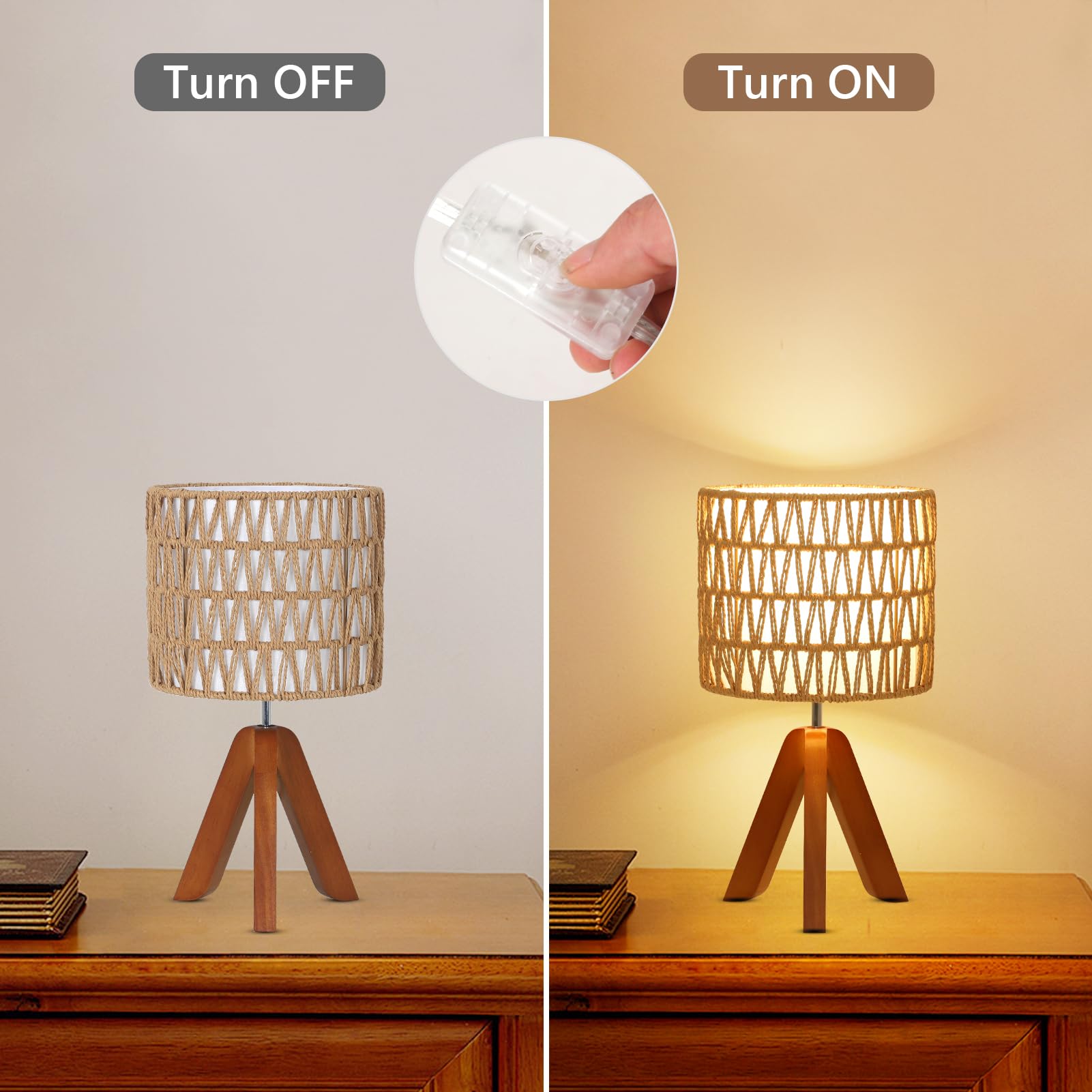 Eayaya Tripod Table Lamp With Bulb, Small Boho Desk Lamp For Bedroom With Rattan Fabric Lampshade, Cute Bedside Lamp For Night Stand, Mini Side Table Lamp For Living Room, Rattan Nightstand Lamp, Tripod Lamp