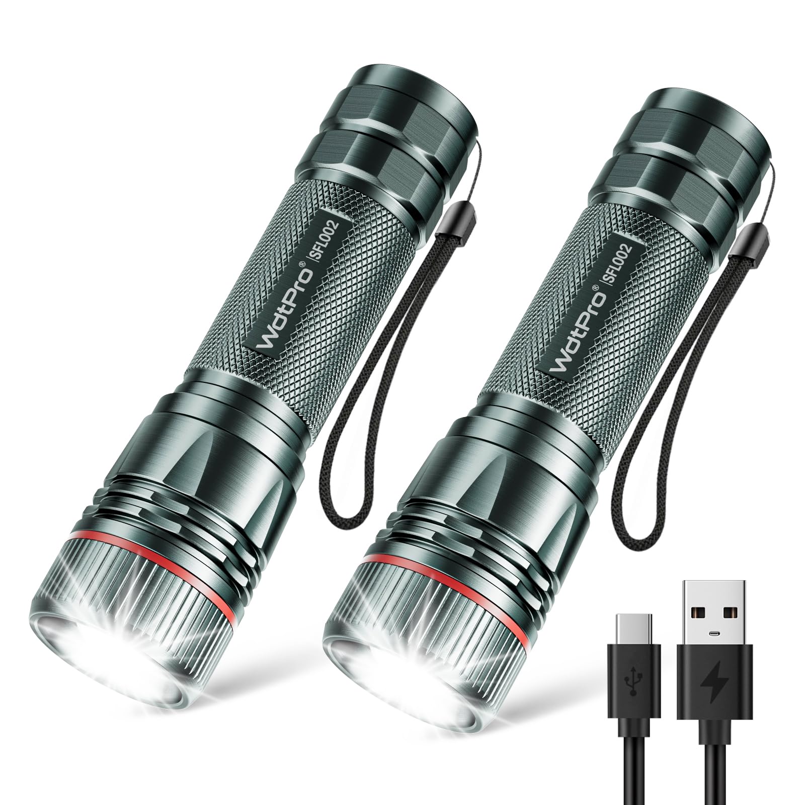 Wdtpro Rechargeable Flashlights High Lumens, 2 Pack Super Bright Led Small Utility Edc Flashlight With 10H Runtime, Portable Flash Light For Camping, Home, Emergency Essentials Grey(Battery Included)