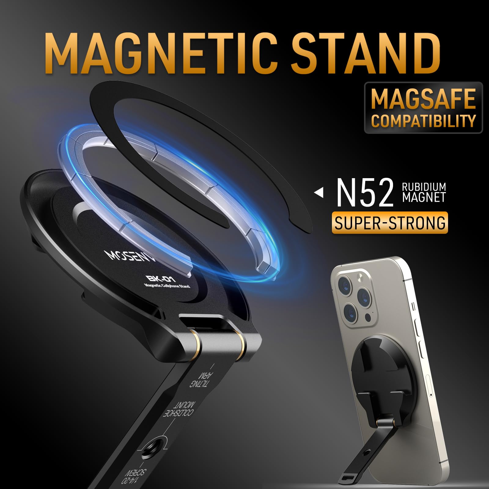 Mosenvka Magnetic Phone Tripod Mount Ultrathin Cell Phone Grip Stand For Iphone 16/15/14/13/12 Series,Foldable Ring Holder Rotatable Kickstand With 1/4" Screw&Cold Shoe For Tripod/Camera 1/4 Mount