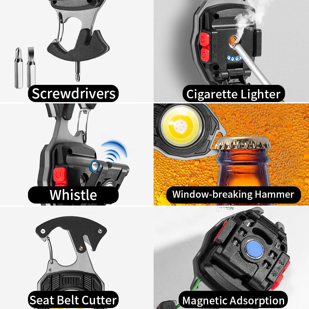 By-J Led Small Flashlight Multitool, Rechargeable Keychain Light, Cob Multi-Function Mini Work Light, 500 Lumens, 7 Lighting Modes With Electric Lighter, Seat Belt Cutter, Screwdriver, Whistle