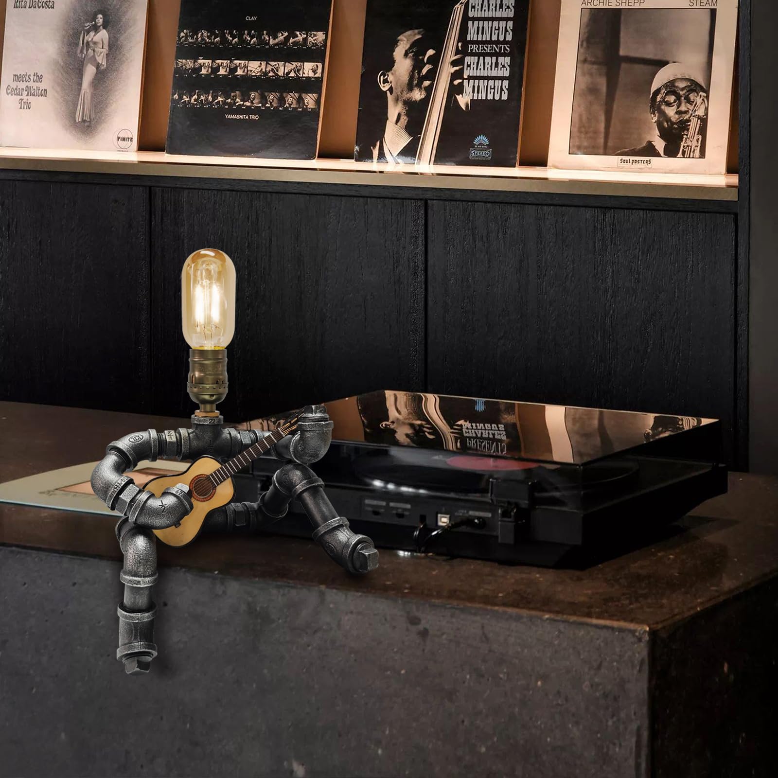Jeosrv Music Guitar Table Lamp Art Decor Guitar Stuff Cool For Music Art Lovers Microphone Players For Men Steampunk Pipe Man Edison Bulb Lamps Retro Guitars Metal Pipe Industrial Robot Lights