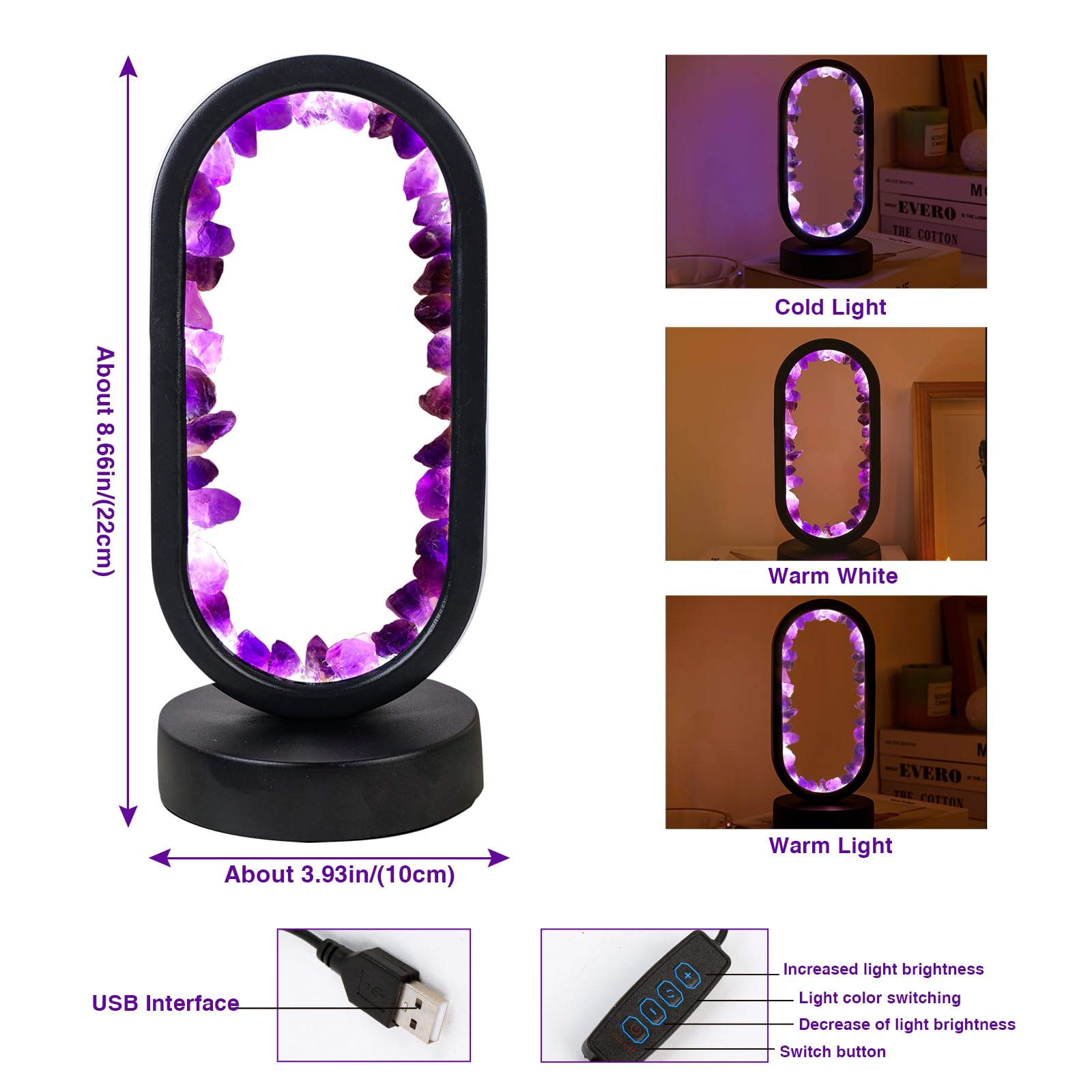 Runyangshi Crystal Lamp Amethyst Raw Stone Ellipse Night Lamp Natural Healing Crystal Night Light Table Lamp Base Usb Port 3 Colours Mode For Bedroom Bedside Lamp Office Home Decor
