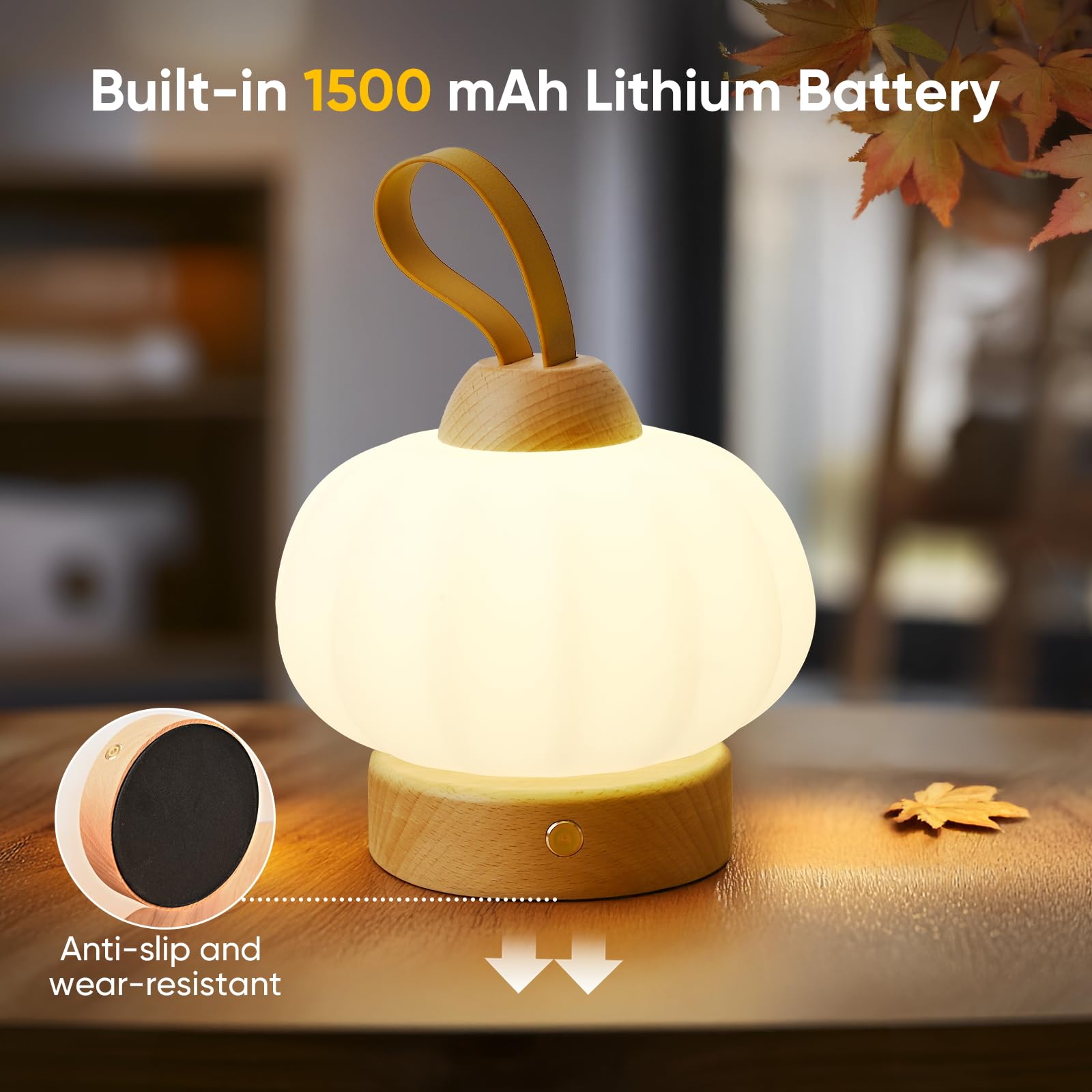 Lonrisway Led Wood Cordless Table Lamp Rechargeable With Dimming Eye-Care Lighting, Portable Touch Lamp For Outdoor Camping Living Room Bedroom Bedside Office Pumpkin Shape Lantern
