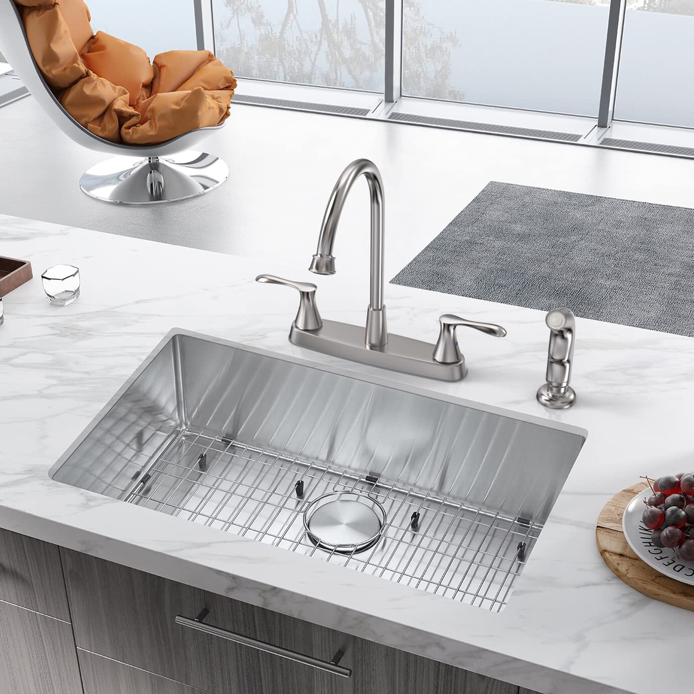 Gowin Brushed Nickel Kitchen Sink Faucet With Side Sprayer, Two Handle High Arc 4 Holes 8 Inch Centerset Stainless Steel Kitchen Sink Faucet With Pull Out Sprayer,Grifos De Cocina