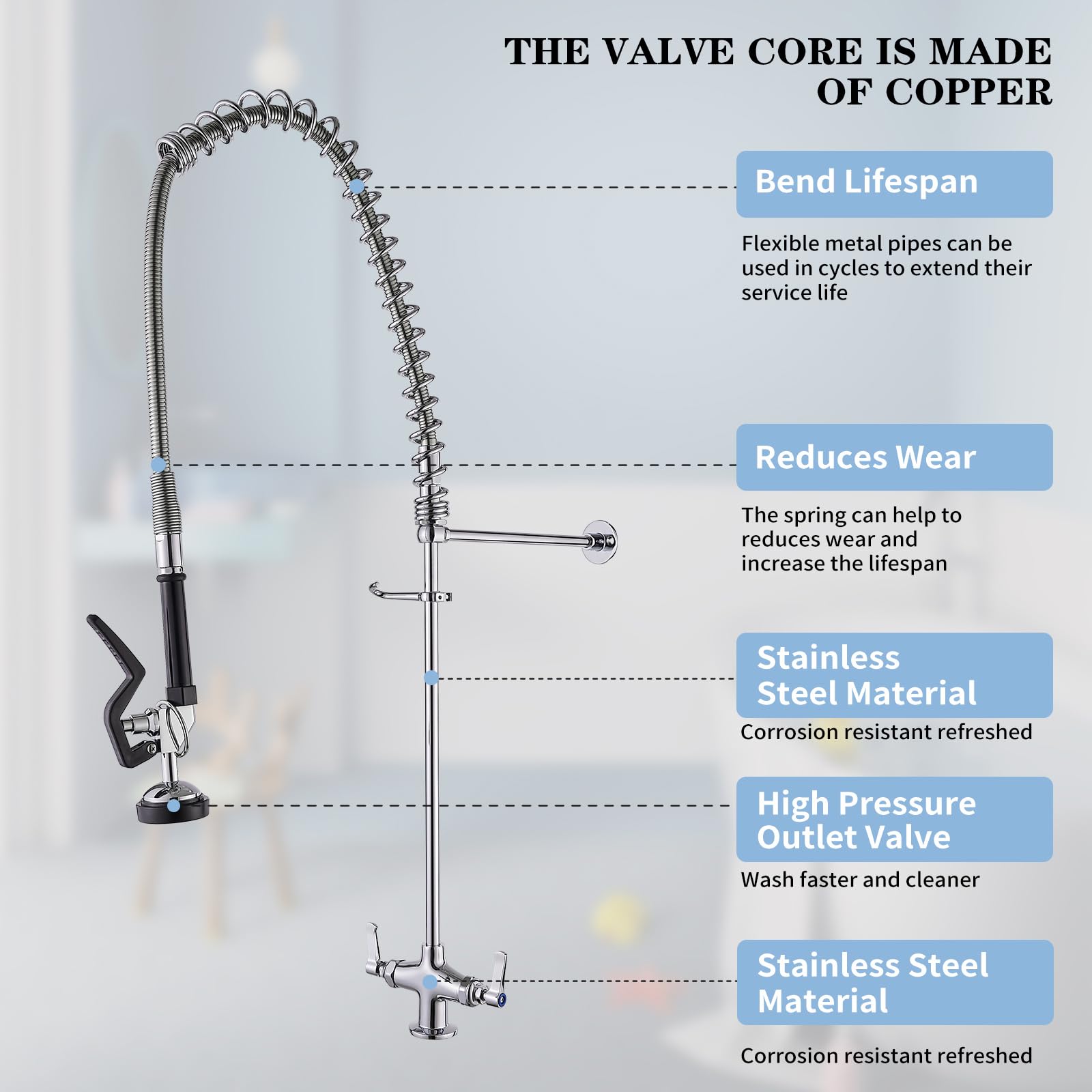Bathfinesse Commercial Sink Faucet With Sprayer 39" Height Deck Mount Single Hole Double Handle Coiled Spring Pull Down Spray Pre Rinse Restaurant Kitchen Faucet With High Pressure Spray Valve