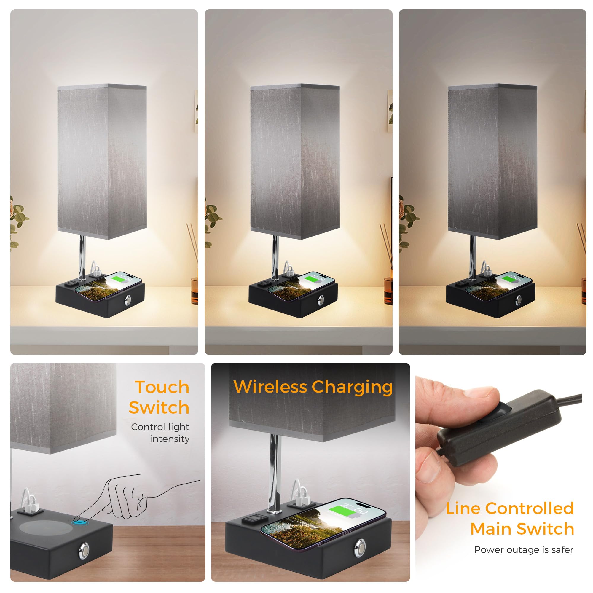 Etangervi Wireless Charging Touch Control Table Lamp, Bedside Nightstand Lamp With Usb Charging Port & Ac Outlet, 3 Brightness Levels Adjustable, Suitable For Bedroom, Living Room, Office, Led Bulb Included