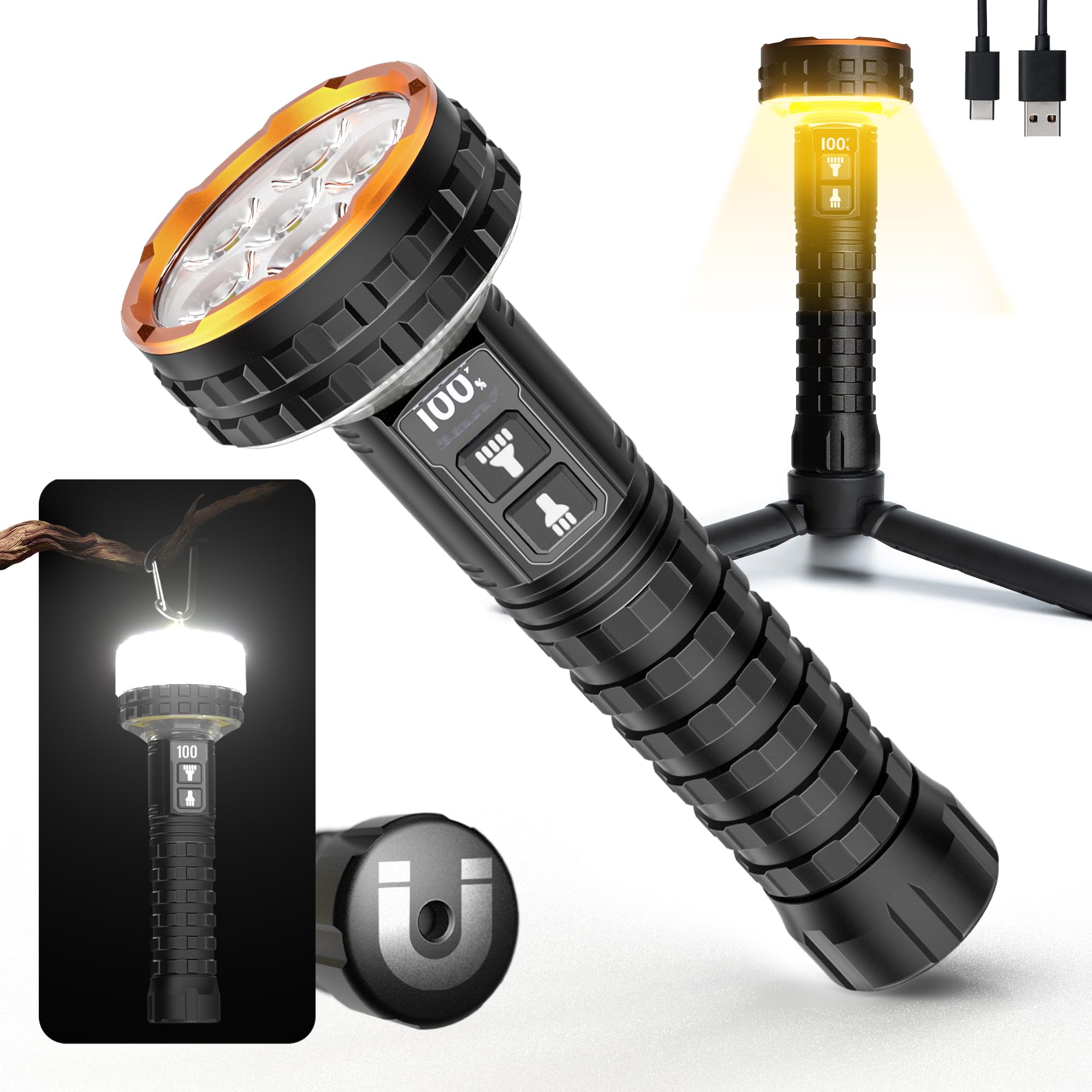 Elesall Flashlight, 5000 Lumen Rechargeable Led Flashlight With Digital Display, 8 Modes & Ipx4 Waterproof Edc Flashlights With Magnetic Base For Camping, Home, Emergency, Rescue