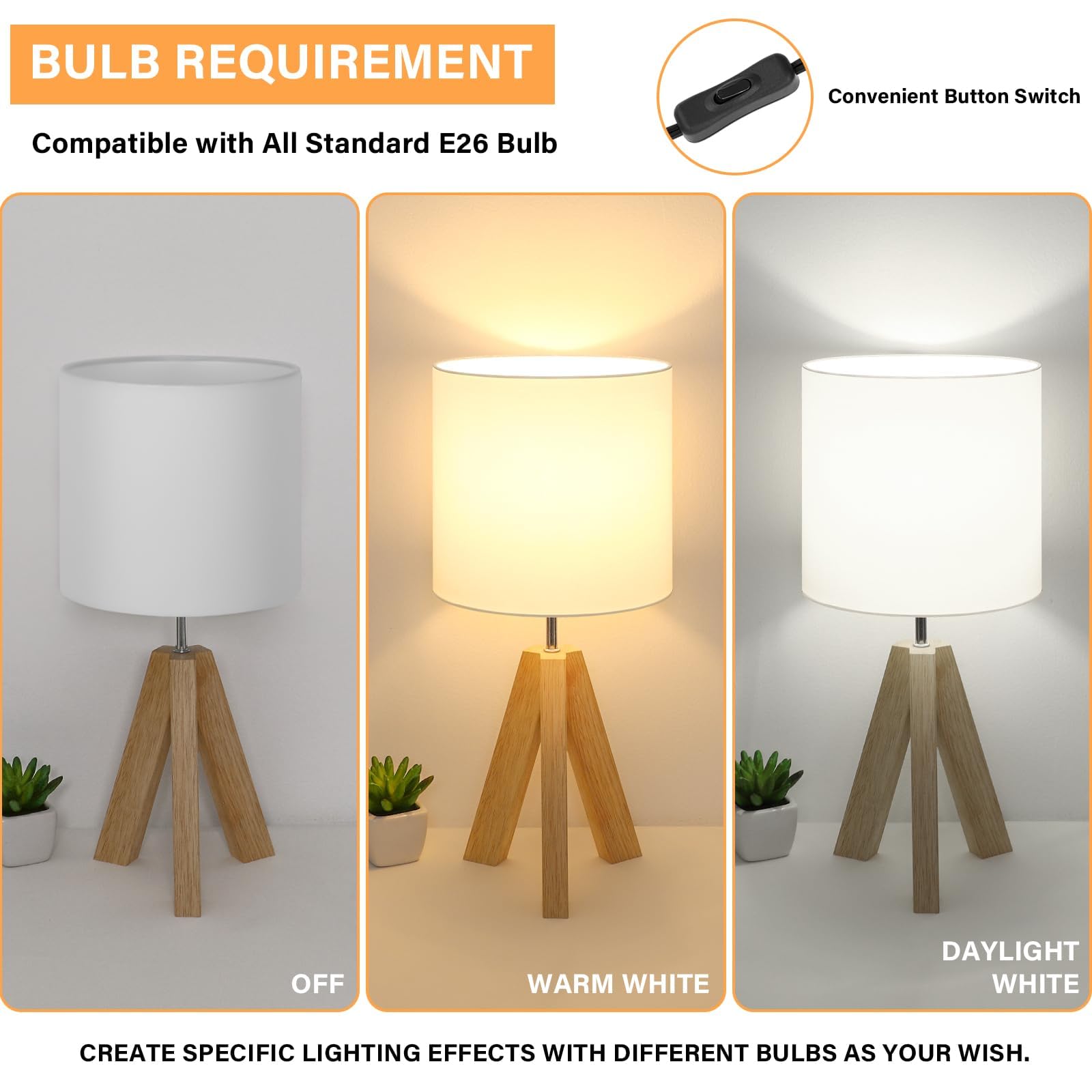 Brightever Small Beside Table Lamp, Wood Tripod Table Lamp With White Fabric Shade, Cute Boho Nightstand Minimalist Desk Lamp For Bedroom Living Room Nursery Kids Room Office Dorm, Bulb Not Included