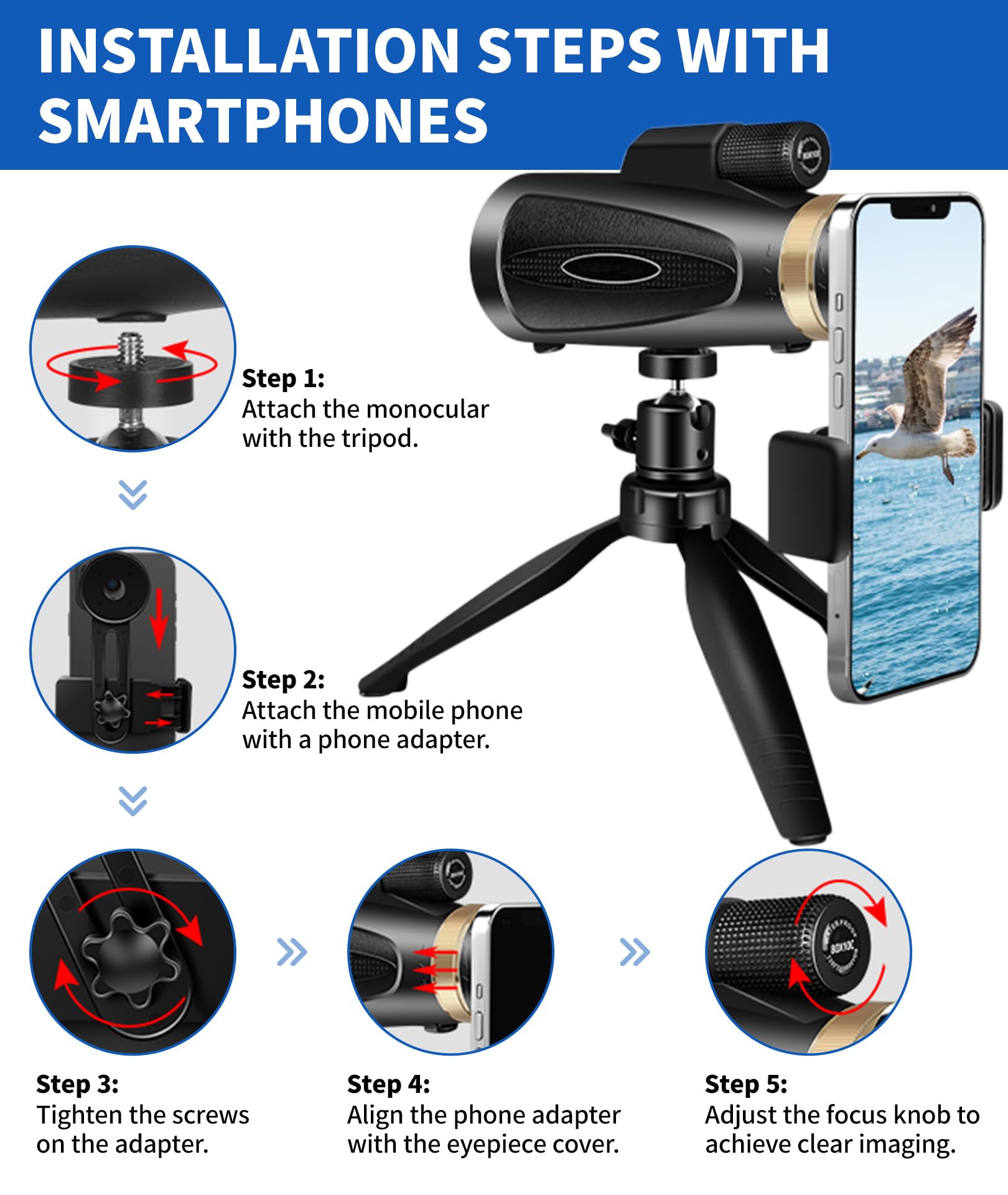 Md.Life Monocular Telescope 80X100 High Power With Smartphone Adapter Tripod,Larger Vision Monoculars For Adults With Bak4 Prism & Fmc Lens, Suitable For Bird Watching Hunting Hiking Camping Wildlife-Black