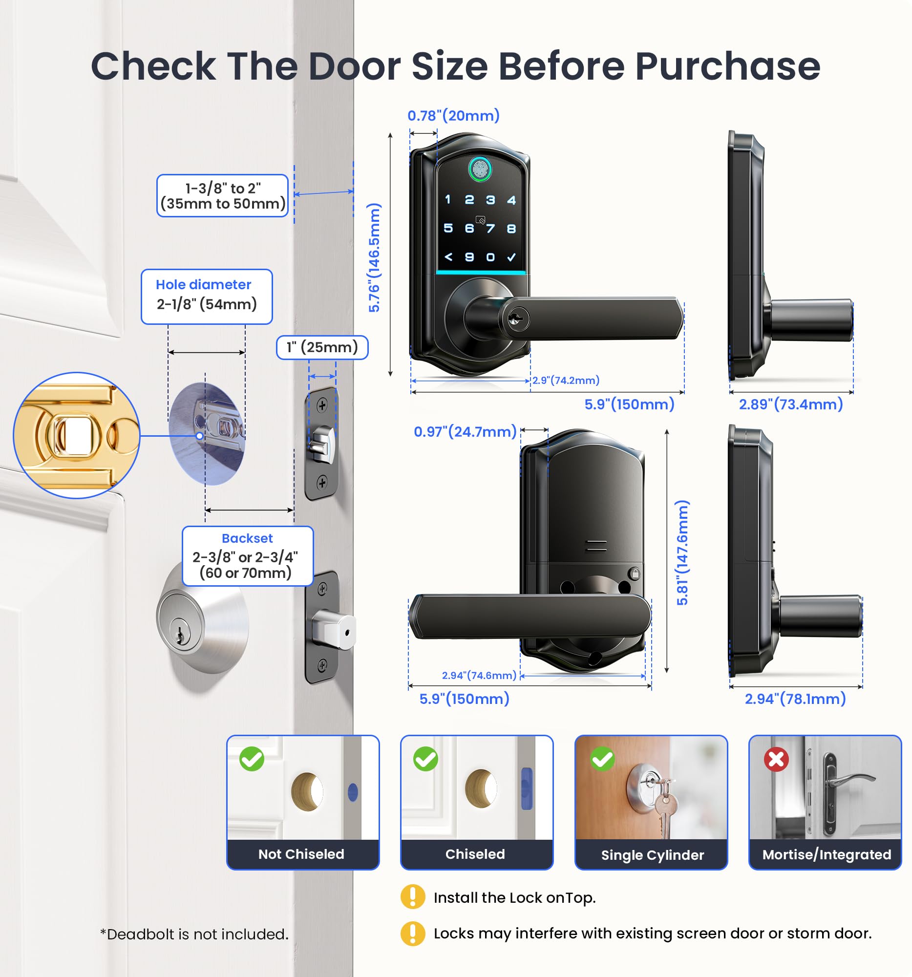 Veise Ve019 Fingerprint Smart Lock, 7-In-1 Keyless Entry Door Lock With Handle, App Control, Remotely Grant Access & Code, Electronic Keypad Smart Knob For Front Door, Easy Installation, Matte Black